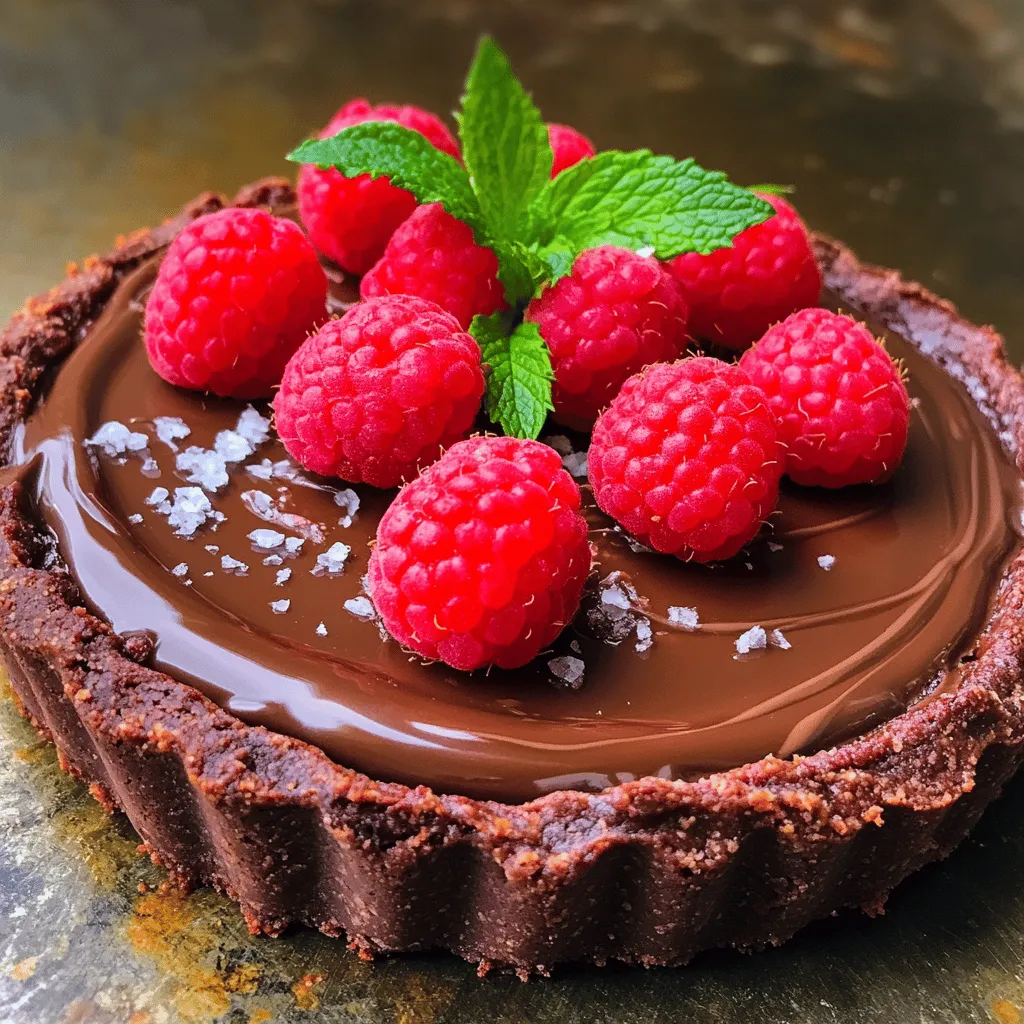 For a chocolate raspberry tart, you need key ingredients for both the crust and the filling. The <strong>crust</strong> requires all-purpose flour, cocoa powder, unsalted butter, powdered sugar, an egg yolk, and cold water. These elements create a rich and flaky base. The <strong>filling</strong> features dark chocolate, heavy cream, granulated sugar, vanilla extract, fresh raspberries, and a pinch of sea salt. This blend makes a smooth and creamy ganache that pairs wonderfully with raspberries.” /></p>
</p>
<h2>What Variations Can You Try with Your Chocolate Raspberry Tart?</h2>
</p>
<p>You can play with your chocolate raspberry tart in many fun ways. First, let’s talk about dietary options. If you want a gluten-free tart, swap out regular flour for almond or coconut flour. For a vegan twist, use coconut cream in place of heavy cream. Replace butter with coconut oil to keep it plant-based. You still get a tasty treat that fits your needs!</p>
</p>
<p>Next, consider flavor combinations. The classic mix of chocolate and raspberry shines, but you can add a hint of orange zest. This brightens the flavors and adds a fresh kick. You may also try adding a dash of espresso or coffee. It deepens the chocolate taste and makes it richer.</p>
</p>
<p>Now, let’s elevate your tart’s look. You can sprinkle crushed pistachios over the raspberries for color and crunch. Try adding a drizzle of white chocolate on top for a sweet contrast. For a pop of freshness, use mint leaves as a garnish. These simple touches make your tart look even more appealing and delicious.</p>
</p>
<p>For the full recipe, you can create your base tart and explore these variations that make it uniquely yours!</p>
</p>
<h2>What Are the Best Serving Suggestions for Your Chocolate Raspberry Tart?</h2>
</p>
<p>Serving a chocolate raspberry tart is all about enhancing its rich flavors. Here are some great ideas to get you started.</p>
</p>
<h3>What beverages pair well with chocolate raspberry tart?</h3>
</p>
<p>A chocolate raspberry tart pairs well with several drinks. For a classic choice, serve it with a cup of rich coffee or espresso. The coffee’s bold taste complements the chocolate. If you prefer something lighter, try a sweet dessert wine like Port or a fruity red wine. These options enhance the tart’s berry notes. For a refreshing twist, consider serving it with sparkling water. The bubbles clean the palate between bites.</p>
</p>
<h3>How can you present the tart for special occasions or dinner parties?</h3>
</p>
<p>To impress guests, presentation matters. Start by placing the tart on a nice cake stand. Add fresh mint leaves on top for color. You can also drizzle some melted chocolate over the tart for a fancy touch. Use a sharp knife to cut clean slices. Serve each slice on a beautiful plate. For an extra touch, add a scoop of vanilla ice cream beside each slice. This creates a lovely contrast with the tart.</p>
</p>
<h3>What are some unique serving techniques to impress guests?</h3>
</p>
<p>Try serving the tart with a twist. Consider making small tartlets instead of one large tart. This allows for individual servings and makes for a fun treat. You can also serve it with a raspberry coulis. Simply blend some fresh raspberries and a little sugar until smooth. Drizzle this sauce around the tart on the plate. It adds color and flavor, making your dessert look and taste amazing.</p>
</p>
<p>With these serving suggestions, you can elevate your chocolate raspberry tart to a delightful dessert experience. To create your own, check out the Full Recipe.</p>
</p>
<p><img decoding=