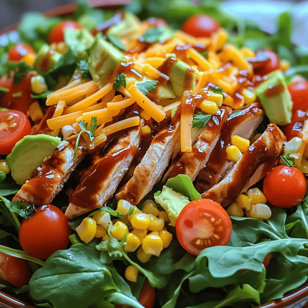 To make a great BBQ chicken salad, you need key ingredients. Start with two boneless, skinless chicken breasts. Use your favorite BBQ sauce, about one cup. For the salad base, get four cups of mixed salad greens. I love using arugula, spinach, and romaine. Add one cup of halved cherry tomatoes for sweetness. A cup of corn adds a nice crunch, whether fresh or canned. Slice half of a red onion thinly for a sharp taste. Don't forget one diced avocado for creaminess and healthy fat. Top it off with half a cup of shredded cheddar cheese. Lastly, crispy tortilla strips add crunch if you want them.