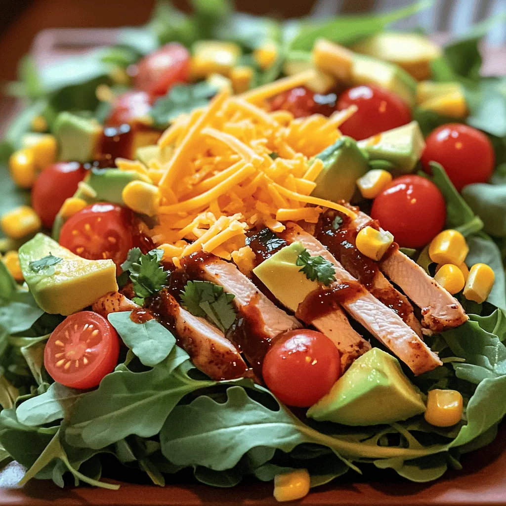 To make a great BBQ chicken salad, you need key ingredients. Start with two boneless, skinless chicken breasts. Use your favorite BBQ sauce, about one cup. For the salad base, get four cups of mixed salad greens. I love using arugula, spinach, and romaine. Add one cup of halved cherry tomatoes for sweetness. A cup of corn adds a nice crunch, whether fresh or canned. Slice half of a red onion thinly for a sharp taste. Don't forget one diced avocado for creaminess and healthy fat. Top it off with half a cup of shredded cheddar cheese. Lastly, crispy tortilla strips add crunch if you want them.