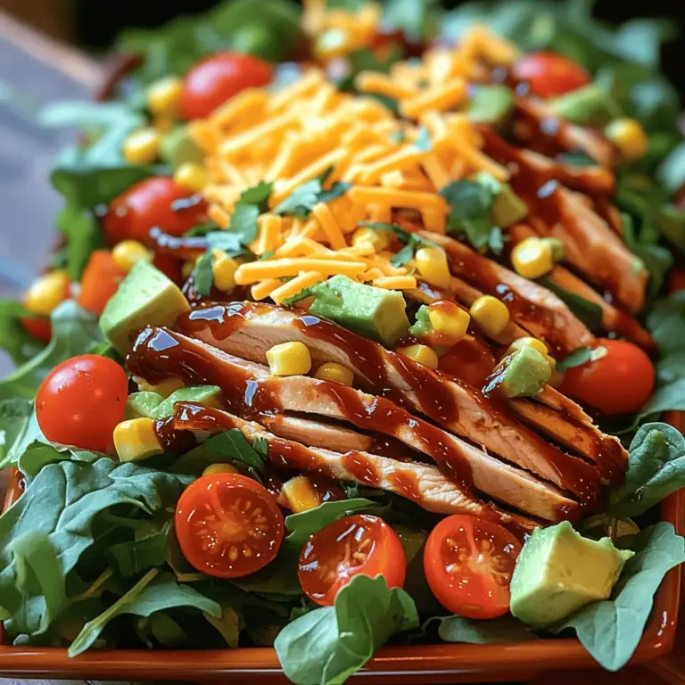 To make a great BBQ chicken salad, you need key ingredients. Start with two boneless, skinless chicken breasts. Use your favorite BBQ sauce, about one cup. For the salad base, get four cups of mixed salad greens. I love using arugula, spinach, and romaine. Add one cup of halved cherry tomatoes for sweetness. A cup of corn adds a nice crunch, whether fresh or canned. Slice half of a red onion thinly for a sharp taste. Don't forget one diced avocado for creaminess and healthy fat. Top it off with half a cup of shredded cheddar cheese. Lastly, crispy tortilla strips add crunch if you want them.