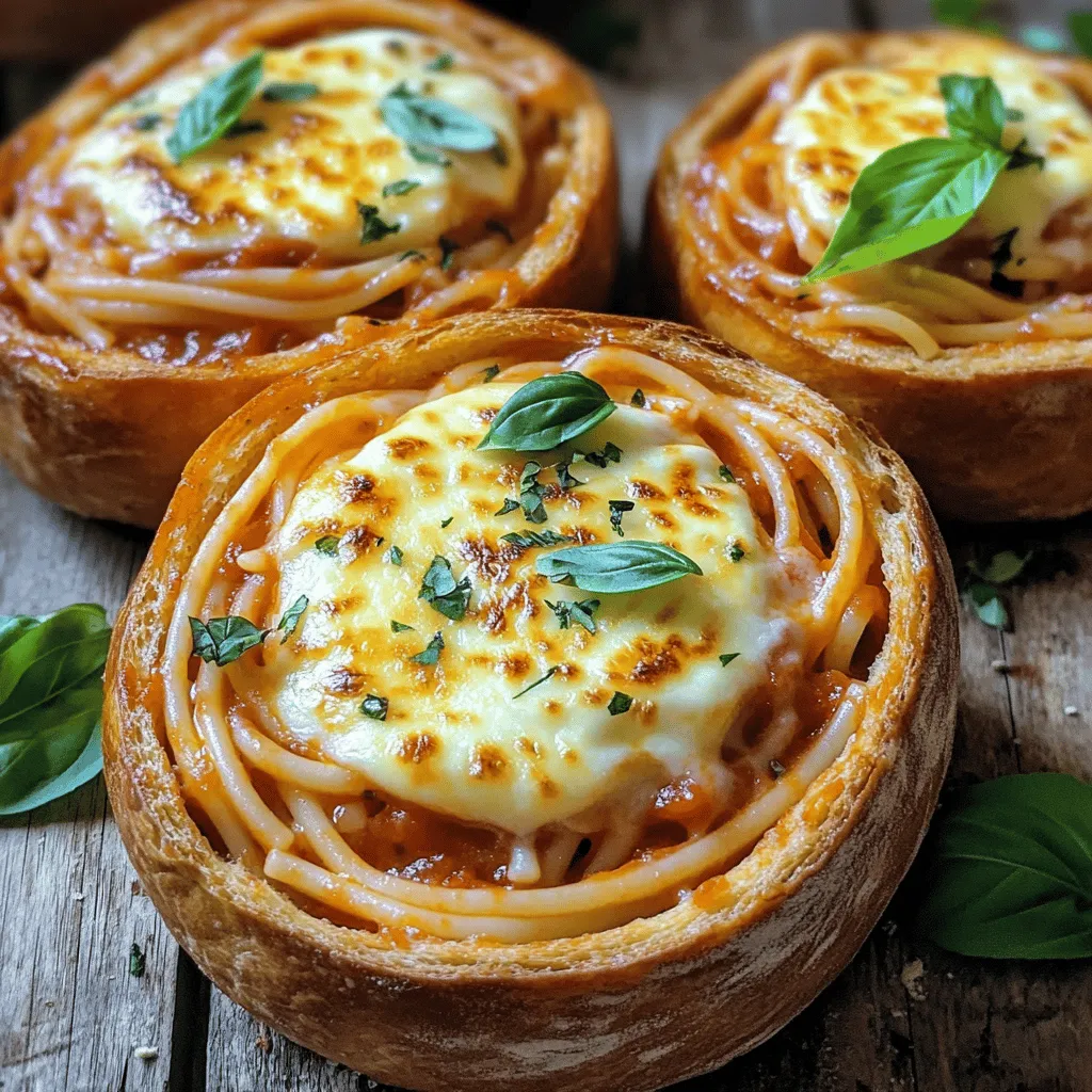 To make bread bowl spaghetti, you need simple and fresh ingredients. Start with 4 large bread bowls, which should be hollowed-out artisan loaves. Use 300g of spaghetti, which will serve as the main dish. You also need 2 tablespoons of olive oil. The flavor comes from 3 cloves of minced garlic and 1 finely chopped medium onion. For the sauce, grab 1 can of diced tomatoes (400g). Add 1 teaspoon each of dried oregano and dried basil. Don't forget salt and pepper to taste. Finally, use 200g of shredded mozzarella cheese and some fresh basil leaves for garnish. Grated Parmesan cheese will finish the dish nicely.