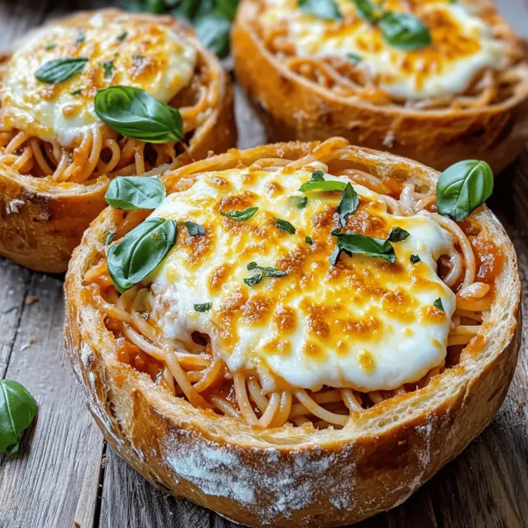 To make bread bowl spaghetti, you need simple and fresh ingredients. Start with 4 large bread bowls, which should be hollowed-out artisan loaves. Use 300g of spaghetti, which will serve as the main dish. You also need 2 tablespoons of olive oil. The flavor comes from 3 cloves of minced garlic and 1 finely chopped medium onion. For the sauce, grab 1 can of diced tomatoes (400g). Add 1 teaspoon each of dried oregano and dried basil. Don't forget salt and pepper to taste. Finally, use 200g of shredded mozzarella cheese and some fresh basil leaves for garnish. Grated Parmesan cheese will finish the dish nicely.