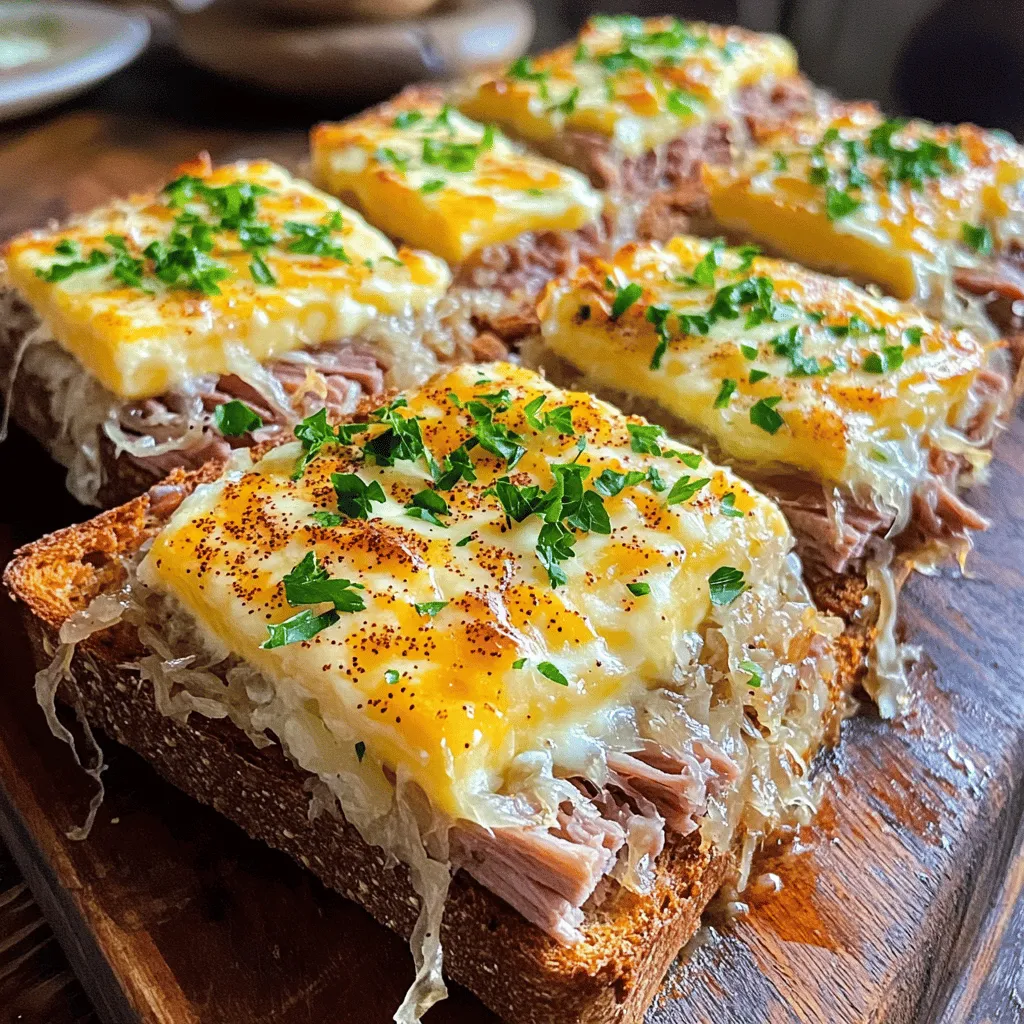 The right ingredients make all the difference in a Reuben Bake. You need eight slices of rye bread for a sturdy base. This bread gives a nice flavor. Use one cup of sauerkraut, drained well, for that tangy taste. A pound of sliced corned beef is key. This meat adds richness and heartiness. Swiss cheese, shredded, brings a creamy texture. You will need one cup of Swiss cheese for great melting.