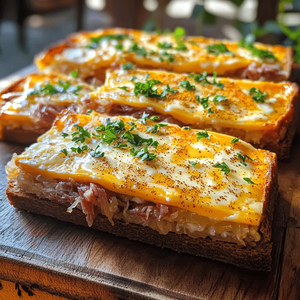 The right ingredients make all the difference in a Reuben Bake. You need eight slices of rye bread for a sturdy base. This bread gives a nice flavor. Use one cup of sauerkraut, drained well, for that tangy taste. A pound of sliced corned beef is key. This meat adds richness and heartiness. Swiss cheese, shredded, brings a creamy texture. You will need one cup of Swiss cheese for great melting.