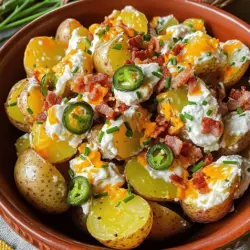 Imagine digging into a bowl filled with tender, roasted baby potatoes, laced with the spicy kick of jalapeños, rich cream cheese, and crispy pieces of bacon. The flavor profile of this dish is a delightful combination of spicy, creamy, and savory elements, creating an explosion of taste in every bite. The creamy texture of the salad is balanced by the heat from the jalapeños, while the smoky flavor of the bacon brings an added depth that is hard to resist.