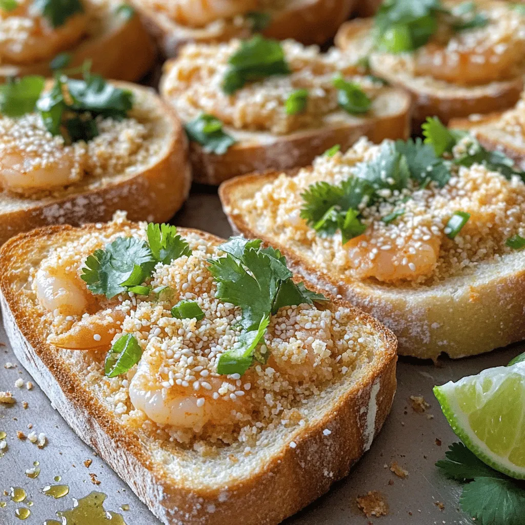 To make baked shrimp toast, you need clear shrimp toast ingredients. The main items are easy to find. You’ll need eight slices of French bread or a baguette. Use one pound of raw shrimp, peeled and deveined. Don't forget two minced garlic cloves and two tablespoons of grated ginger.