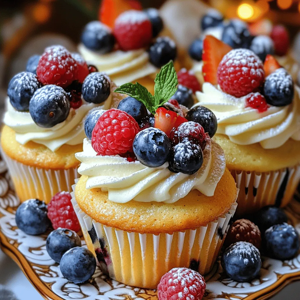 To make vanilla cupcakes with berries, follow these steps carefully. First, gather your ingredients. You need flour, sugar, butter, eggs, vanilla, baking powder, baking soda, salt, milk, and mixed berries.