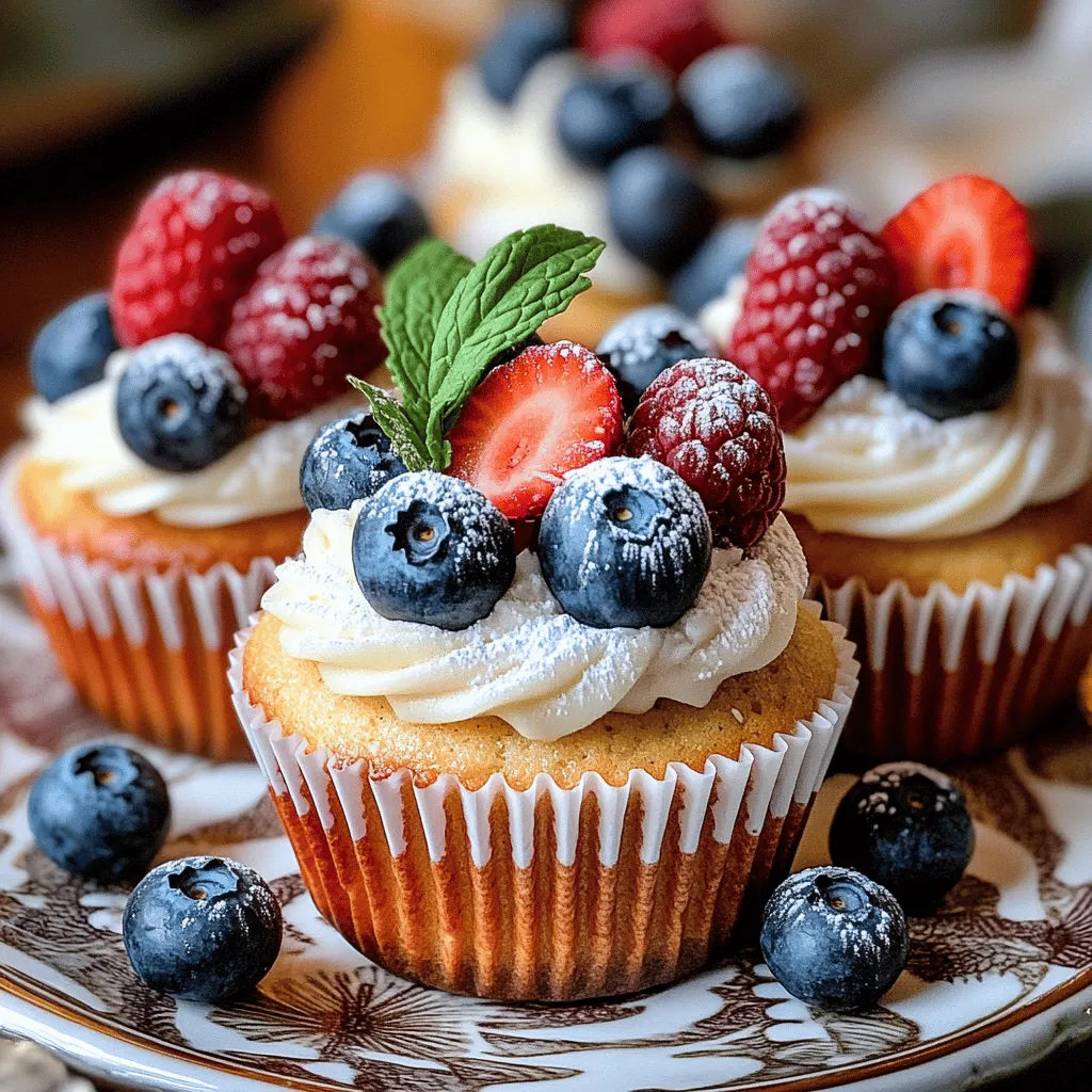 To make vanilla cupcakes with berries, follow these steps carefully. First, gather your ingredients. You need flour, sugar, butter, eggs, vanilla, baking powder, baking soda, salt, milk, and mixed berries.