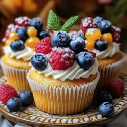 To make vanilla cupcakes with berries, follow these steps carefully. First, gather your ingredients. You need flour, sugar, butter, eggs, vanilla, baking powder, baking soda, salt, milk, and mixed berries.