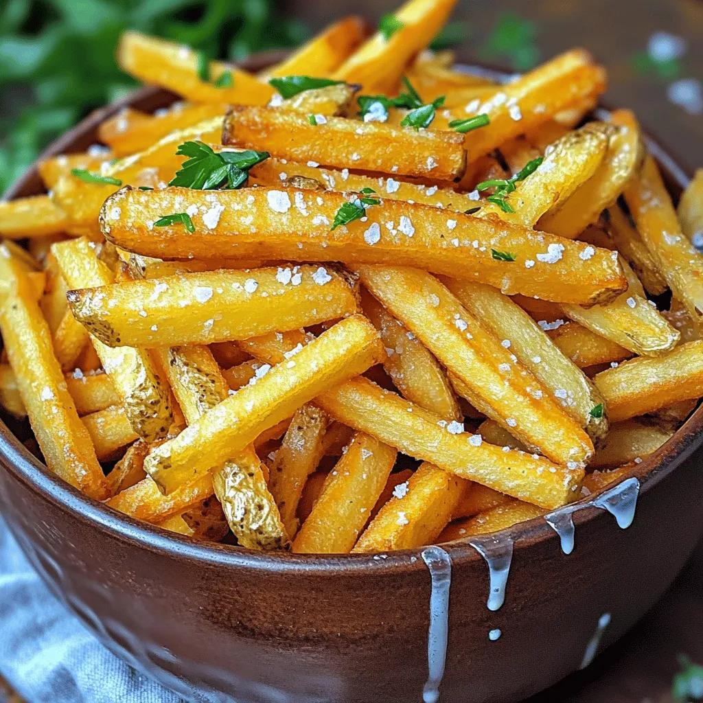 For the best homemade french fries, you need a few key ingredients. Start with <strong>3 large russet potatoes</strong>. These potatoes have high starch, which makes for crispy french fries.” /></p>
</p>
<h2>What Are the Steps to Air Fry Salt and Vinegar French Fries?</h2>
</p>
<p>To make air fryer salt and vinegar french fries, follow these simple steps.</p>
</p>
<p><strong>How to Preheat Your Air Fryer?</strong></p>
<p>First, preheat your air fryer. Set it to 375°F (190°C) for about 5 minutes. Preheating helps the fries cook evenly.</p>
</p>
<p><strong>What is the Best Cooking Time and Temperature?</strong></p>
<p>Cook the fries for 15-20 minutes. Shake the basket halfway through cooking. This action helps them become golden and crispy. Cooking times may differ based on your air fryer model. Keep an eye on them to avoid burning.</p>
</p>
<p><strong>How Do You Know When the Fries Are Done?</strong></p>
<p>You’ll know the fries are done when they are crispy and golden brown. If you like them extra crispy, cook them a bit longer. Just be careful not to overcook. Remember to sprinkle with extra sea salt right after you take them out.</p>
</p>
<p>For a full recipe, check the details above. Enjoy the crunchiness!</p>
</p>
<h2>What Tips Can Ensure Your Air Fryer Fries are Crispy?</h2>
</p>
<p>Crispy fries are a top goal when using an air fryer. Here are key tips to get that perfect crunch.</p>
</p>
<h3>Should You Use Oil for Crispiness?</h3>
</p>
<p>Yes, using a little oil helps. A tablespoon of olive oil coats the fries well. It promotes browning and adds flavor. Make sure to toss the fries in oil before cooking. This simple step makes a big difference in texture.</p>
</p>
<h3>Why Turn or Shake the Fry Basket?</h3>
</p>
<p>Shaking the basket is crucial for even cooking. It helps the fries brown all over. I recommend shaking halfway through the cooking time. This allows hot air to circulate and reach every fry. You will get a consistent crunch this way.</p>
</p>
<h3>How to Avoid Overcrowding the Basket?</h3>
</p>
<p>Avoiding overcrowding is vital for crispy fries. When fries are too close, they steam instead of fry. This leads to soggy results. Cook in batches if needed. A single layer lets hot air flow freely, ensuring all fries get crispy.</p>
</p>
<p>Follow these tips, and you will enjoy delicious, crunchy air fryer fries. For the full recipe, check out the Crunchy Air Fryer Salt and Vinegar French Fries.</p>
</p>
<p><img decoding=