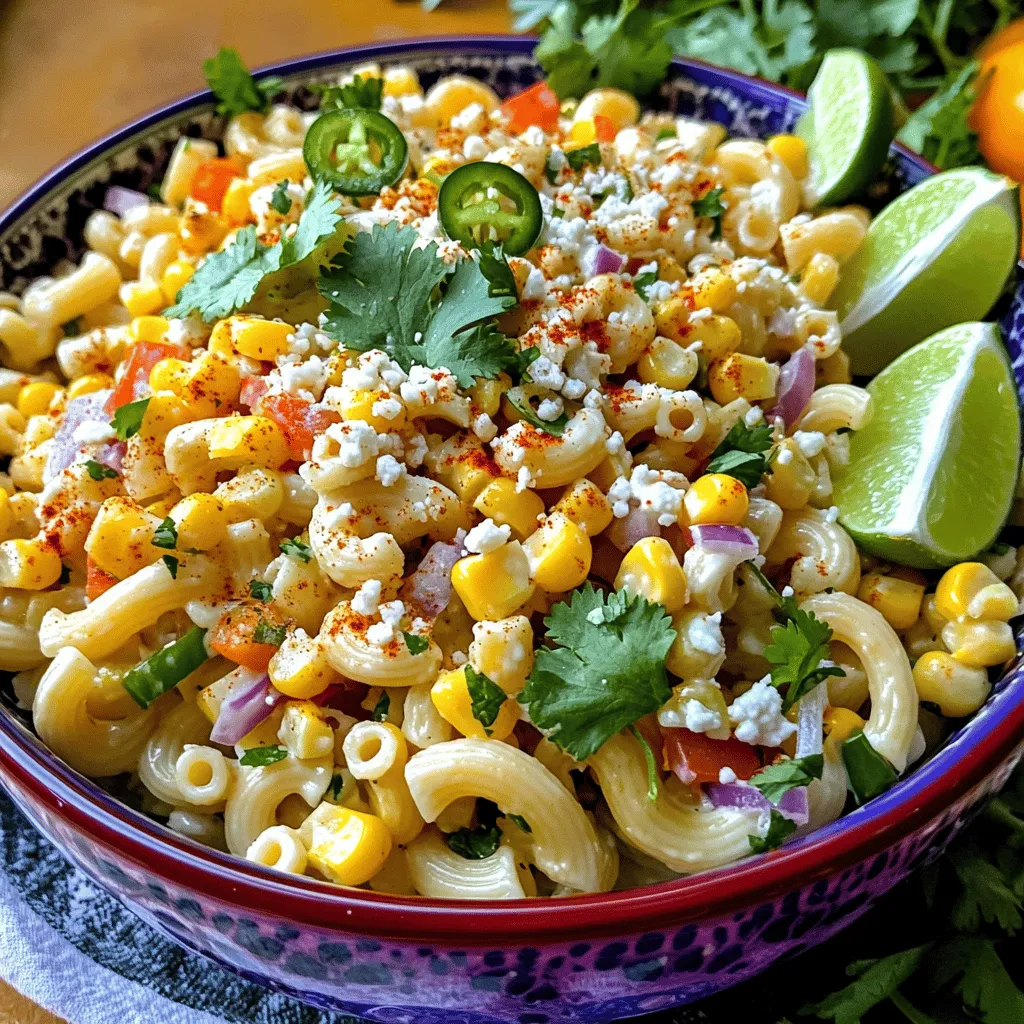 The Mexican street corn pasta salad recipe shines thanks to its vibrant ingredients. First, you need pasta. I suggest 8 oz of elbow macaroni, but any pasta works well. The pasta acts as a base, soaking up all the flavors.