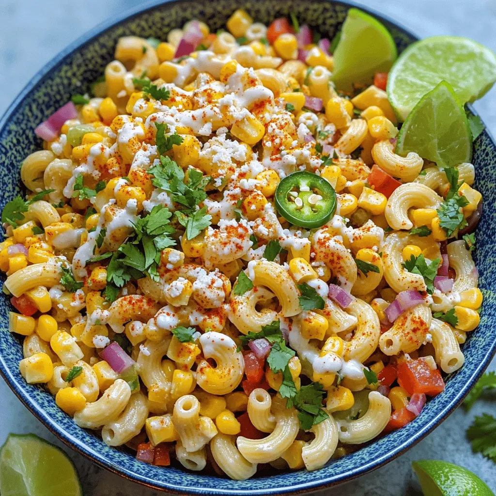 The Mexican street corn pasta salad recipe shines thanks to its vibrant ingredients. First, you need pasta. I suggest 8 oz of elbow macaroni, but any pasta works well. The pasta acts as a base, soaking up all the flavors.