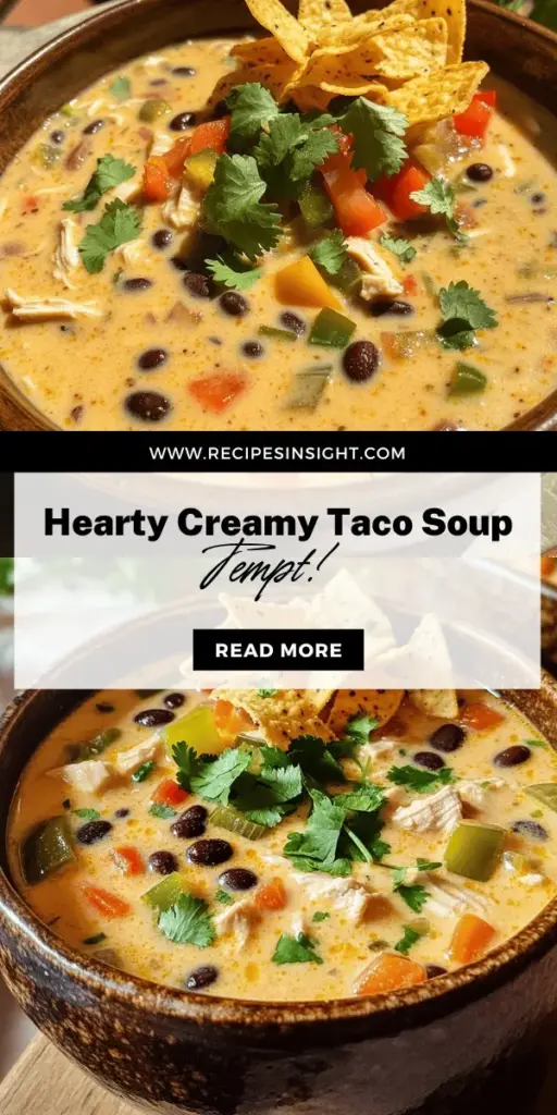 Discover the ultimate comfort food with this Creamy Chicken Taco Soup that's perfect for any occasion! Packed with tender chicken, savory vegetables, and zesty taco spices, this easy-to-make soup delivers rich flavors in every spoonful. It's a wholesome dish that the whole family will love, whether it's a night in or a gathering with friends. Click through to explore the recipe and elevate your meal times with this hearty delight!