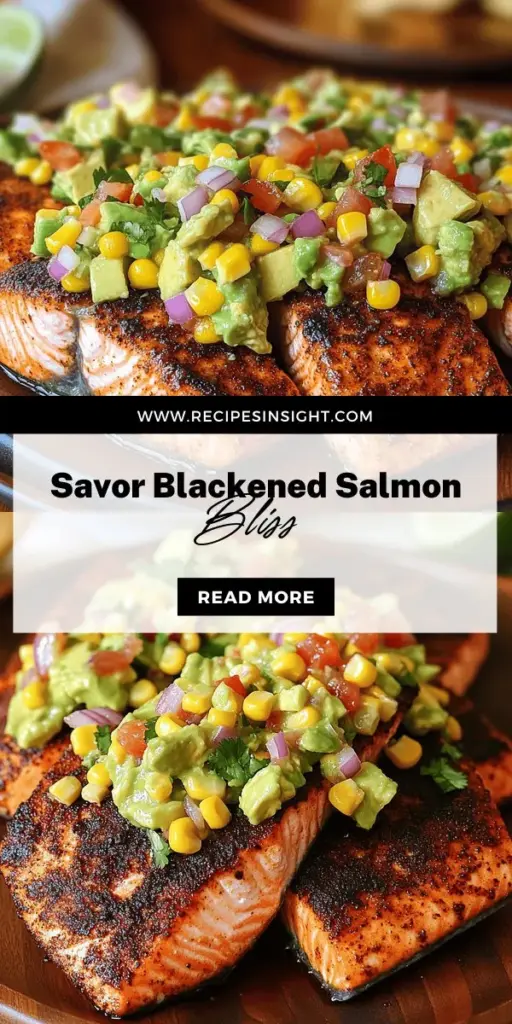 Discover the deliciousness of Blackened Salmon with Avocado Corn Salsa Delight! This vibrant dish features perfectly seasoned salmon topped with a zesty, fresh salsa made of ripe avocados and sweet corn. Not only is it a feast for the eyes, but it's also packed with nutrients like omega-3 fatty acids and healthy fats. Ready to impress at your next dinner? Click through for the full recipe and elevate your mealtime experience!