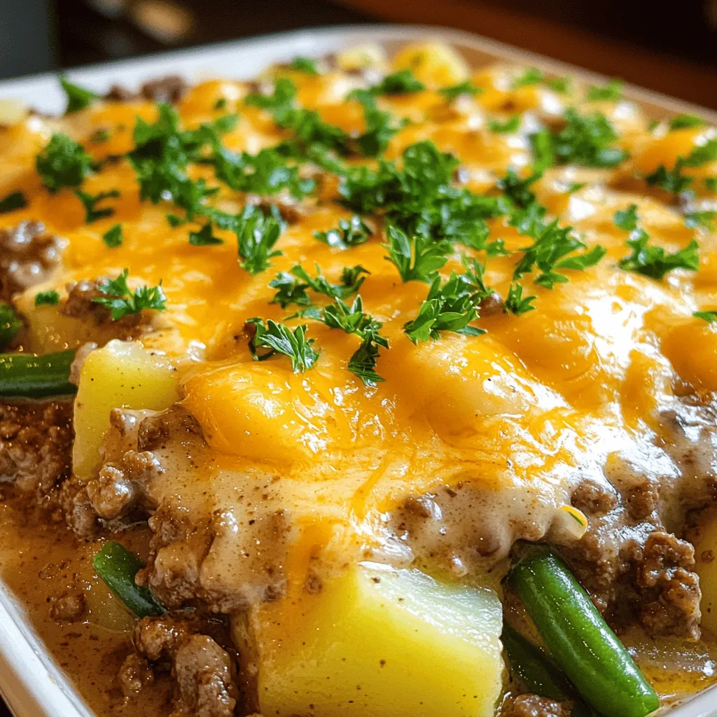 To make Amish Country Casserole, you need some key ingredients. You will need one pound of ground beef. This adds richness to the dish. Next, use one medium onion, chopped. It brings a sweet, savory flavor. Don't forget two cloves of minced garlic. Garlic enhances the dish with its bold taste.