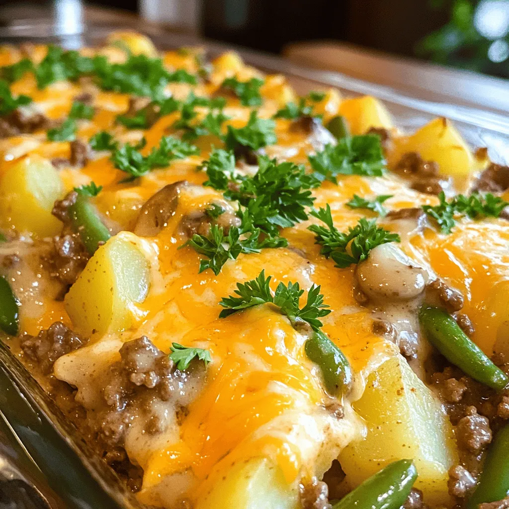 To make Amish Country Casserole, you need some key ingredients. You will need one pound of ground beef. This adds richness to the dish. Next, use one medium onion, chopped. It brings a sweet, savory flavor. Don't forget two cloves of minced garlic. Garlic enhances the dish with its bold taste.