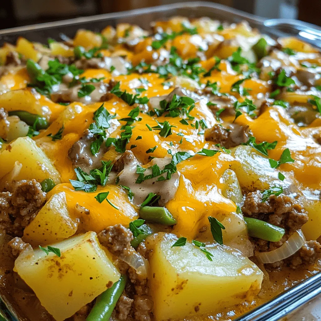 To make Amish Country Casserole, you need some key ingredients. You will need one pound of ground beef. This adds richness to the dish. Next, use one medium onion, chopped. It brings a sweet, savory flavor. Don't forget two cloves of minced garlic. Garlic enhances the dish with its bold taste.