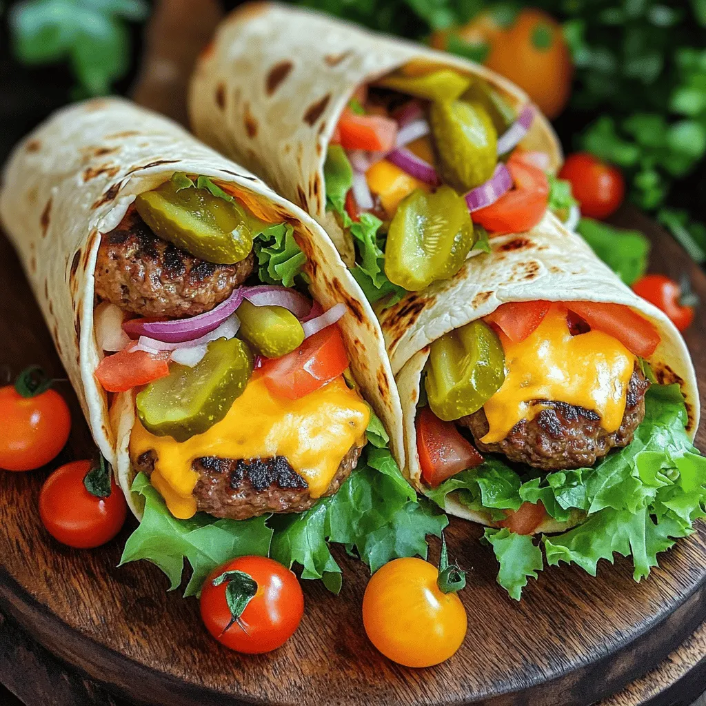 To make grilled cheeseburger wraps, start with essential ingredients. You need <strong>1 pound of ground beef</strong>. I suggest using an 80/20 blend for the best flavor. Next, grab <strong>1 cup of shredded cheddar cheese</strong>. This will melt nicely on the beef. You also need <strong>4 large tortillas</strong>. Whole wheat or flour works well.” /></p>
</p>
<h2>What Is the Best Way to Cook the Wraps?</h2>
</p>
<p>Grilled cheeseburger wraps are easy to make and taste great. You have several cooking options. You can use an outdoor grill, a grill pan, or even an air fryer. Each method brings a unique flavor and texture to the wraps.</p>
</p>
<p>For grilling, preheat your grill to medium-high heat. This ensures that your wraps cook evenly. If using a grill pan, heat it with a little olive oil. The oil helps prevent sticking and adds flavor.</p>
</p>
<p>Cooking times matter. Grill the patties for about 4-5 minutes on each side. This gives you a nice sear. In the last minute, add cheese to melt perfectly. For the wraps, grill them for 3-4 minutes, turning once. This adds a crispy finish that everyone loves.</p>
</p>
<p>To achieve the best crispiness, brush the outside of each wrap with olive oil. This helps them brown well on the grill. Don’t rush the cooking. Let the heat do its job, creating a delicious texture.</p>
</p>
<p>For full details, you can check the Full Recipe for a step-by-step guide. Enjoy the process, and soon you’ll have a tasty meal ready to impress!</p>
</p>
<h2>How Can You Customize Your Cheeseburger Wrap?</h2>
</p>
<p>You can make your cheeseburger wrap unique by changing the ingredients. Start with the meat. Try ground turkey or chicken for a lighter option. You can also use plant-based meat for a vegetarian choice.</p>
</p>
<h3>Exploring Different Ingredients for a Unique Twist</h3>
</p>
<p>Mix in different cheeses. Pepper jack gives a spicy kick. Feta adds a tangy flavor. You can even use blue cheese for a bold taste. Add veggies like bell peppers or mushrooms for extra crunch.</p>
</p>
<h3>Vegetarian and Healthy Alternatives</h3>
</p>
<p>For a healthy wrap, use black beans or lentils instead of meat. They are packed with protein and fiber. You can also add more greens like spinach or kale. These options make your wrap filling and nutritious.</p>
</p>
<h3>Sauce and Flavor Enhancements</h3>
</p>
<p>Don’t forget to play with sauces! Swap mayonnaise for avocado spread. Try spicy mustard or BBQ sauce for a twist. You can also add hot sauce if you want some heat. These changes make each bite exciting and full of flavor.</p>
</p>
<p>Try these cheeseburger wrap variations to find your favorite mix! For a full recipe, check out the Grilled Cheeseburger Wraps section.</p>
</p>
<p><img decoding=