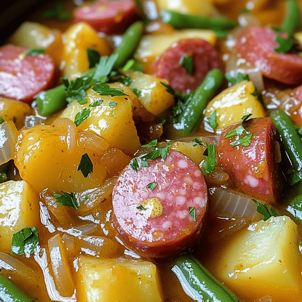 To make a tasty slow cooker kielbasa and potatoes dish, you need key ingredients. Start with <strong>1 pound of kielbasa</strong>, sliced into ½-inch pieces. This sausage brings rich flavor and a satisfying texture. Next, use <strong>4 medium potatoes</strong>, peeled and cubed. Potatoes add heartiness and absorb the broth’s taste well.” /></p>
</p>
<h2>What variations can I try with this recipe?</h2>
</p>
<p>You can play with this slow cooker dish in fun ways. First, think about the seasons. In fall, add sweet potatoes for a cozy flavor. In summer, toss in fresh corn for a bright touch.</p>
</p>
<p>You can also mix it up with pasta. Try adding cooked pasta in the last hour of cooking. This adds a new twist and makes it heartier. You might also add spinach or kale for extra greens.</p>
</p>
<p>Leftover kielbasa can shine in many meals! Chop it up and toss it in a stir-fry. You can add it to soups or even breakfast scrambles. It’s a great way to use what you have and save time.</p>
</p>
<p>If you want a new shape, you can turn this into a casserole. Just layer the cooked ingredients in a baking dish and top with cheese. Bake until the cheese melts and bubbles. It gives a whole new look to a classic dish.</p>
</p>
<p>For more details, check the Full Recipe. There are endless ways to enjoy kielbasa and potatoes!</p>
</p>
<h2>What are the best sides to serve with Slow Cooker Kielbasa and Potatoes?</h2>
</p>
<p>When you enjoy Slow Cooker Kielbasa and Potatoes, you want sides that match its rich flavors. Here are some delicious sides that work well.</p>
</p>
<h3>Which salads complement this meal?</h3>
</p>
<p>Salads add freshness to your meal. A simple green salad with lettuce, tomatoes, and cucumbers works great. You can also try a warm potato salad. Mix cooked potatoes with mustard, herbs, and a light dressing. This pairs well with the hearty kielbasa.</p>
</p>
<h3>What type of bread pairs well with kielbasa dishes?</h3>
</p>
<p>Bread is a perfect side for kielbasa. A crusty baguette is a great choice. You can use it to soak up the tasty broth. Soft dinner rolls also work well. They add a nice touch and are easy to enjoy.</p>
</p>
<h3>Are there traditional Polish sides I should consider?</h3>
</p>
<p>For authentic flavor, think of Polish sides. Sauerkraut is classic. Its tangy taste balances the dish well. You might also enjoy pierogi. These dumplings can be filled with potato or cheese. They make a nice addition to your meal.</p>
</p>
<p>Overall, these sides enhance your Slow Cooker Kielbasa and Potatoes experience. The right sides can turn a good meal into a great one. For more ideas, be sure to check the Full Recipe.</p>
</p>
<p><img decoding=