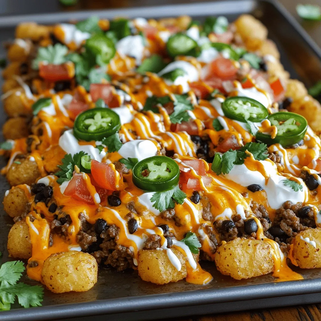 Loaded tater tot nachos, or totchos, are a fun twist on classic nachos. Instead of tortilla chips, we use crispy tater tots. This change makes them extra crunchy and hearty. The warm, fluffy potato base holds toppings well, giving every bite a delightful texture.