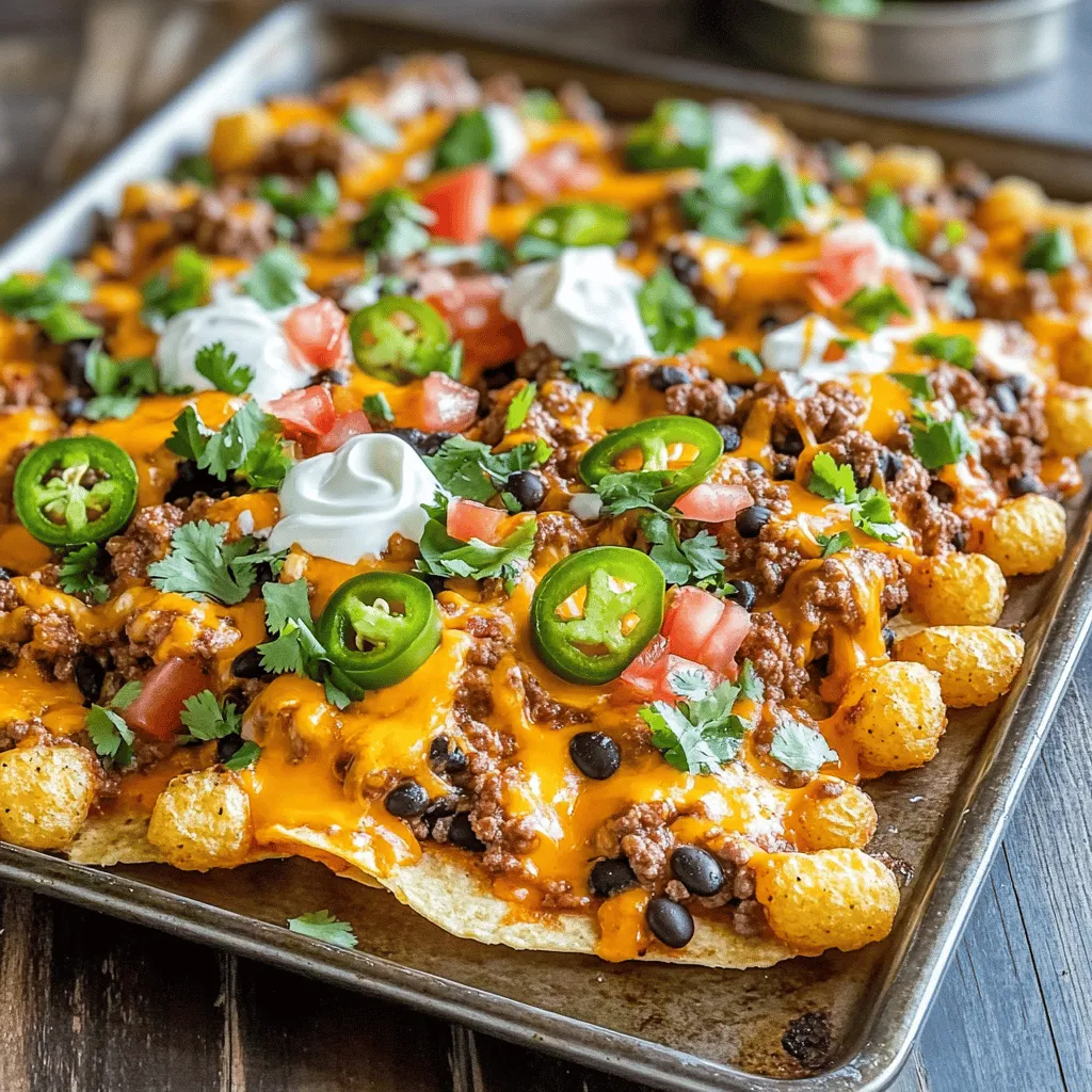 Loaded tater tot nachos, or totchos, are a fun twist on classic nachos. Instead of tortilla chips, we use crispy tater tots. This change makes them extra crunchy and hearty. The warm, fluffy potato base holds toppings well, giving every bite a delightful texture.