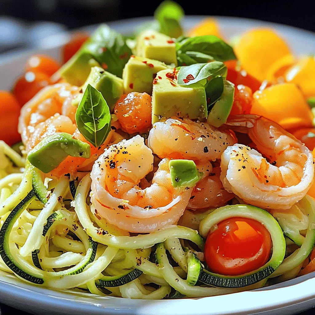 Fresh ingredients make summer shrimp zoodle bowls shine. Start with <strong>zucchini</strong>, which becomes our zoodles. You need two medium zucchinis. They add a light and fresh touch.” /></p>
</p>
<h2>What are the step-by-step instructions for making the Summer Shrimp Zoodle Bowls?</h2>
</p>
<p>To make Summer Shrimp Zoodle Bowls, follow these clear steps for great results.</p>
</p>
<h3>How do I cook the shrimp perfectly?</h3>
</p>
<p>Start by heating one tablespoon of olive oil in a large skillet over medium heat. Add your peeled and deveined shrimp to the pan. Season them with garlic powder, salt, and pepper. Cook the shrimp for about 3 to 4 minutes. You know they are done when they turn pink and opaque. Once cooked, transfer them to a plate and set aside. This keeps them tender and juicy.</p>
</p>
<h3>What cooking method should I use for the vegetables?</h3>
</p>
<p>In the same skillet, add the other tablespoon of olive oil. Toss in sliced bell peppers and halved cherry tomatoes. Sauté these for about 4 to 5 minutes until they soften. This method brings out their natural sweetness and flavor. You want them to be tender but still bright and colorful.</p>
</p>
<h3>How do I combine all the ingredients effectively?</h3>
</p>
<p>Now, add the zucchini noodles to the skillet with the vegetables. Mix everything together well. Cook this mixture for an additional 2 to 3 minutes. You want the zoodles to become slightly tender but still have a nice crunch. Next, add the cooked shrimp back into the skillet. Drizzle with lemon juice and sprinkle chopped basil on top. If you like heat, add crushed red pepper flakes. Gently toss all the ingredients to combine them well.</p>
</p>
<p>Where can I find the Full Recipe for comprehensive guidance? You can find the Full Recipe that includes all these steps and more details for a perfect meal. Enjoy crafting these vibrant and tasty bowls!</p>
</p>
<h2>What are some serving suggestions and presentation tips for my zoodle bowls?</h2>
</p>
<p>Garnishing your shrimp zoodle bowls adds extra flair. I love using fresh basil as a bright touch. It pairs well with the shrimp and zoodles. You can also sprinkle some crushed red pepper for a bit of spice. For a creamy texture, add diced avocado right on top.</p>
</p>
<p>Sides can enhance your meal too. A light salad with mixed greens is a great choice. It adds crunch and freshness. You can also serve some crusty bread. It’s perfect for dipping and soaking up the flavors.</p>
</p>
<p>To make your bowl visually appealing, think about colors. Use a mix of cherry tomatoes and bell peppers. The red and yellow create a vibrant look. Arrange your zoodles and shrimp neatly in the bowl. Drizzle some olive oil over the top for shine. A squeeze of lemon juice adds freshness and brightness. Enjoy the beauty of your dish before you dig in!</p>
</p>
<p>For the complete recipe, you can explore the Full Recipe for more details.</p>
</p>
<p><img decoding=