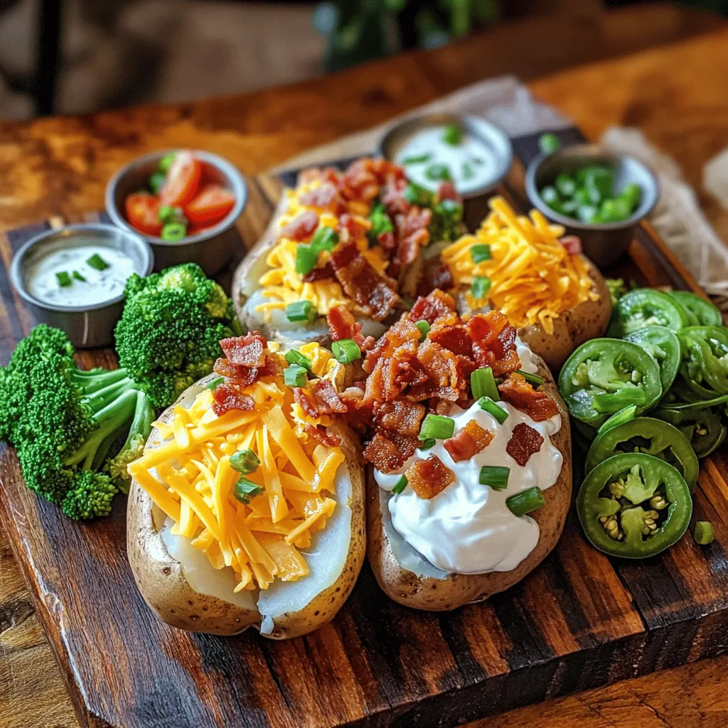 Setting up a cozy baked potato bar is fun and easy. First, gather your ingredients. The essential ingredients for a baked potato bar include large russet potatoes, olive oil, salt, pepper, and a mix of toppings. You can use sour cream, cheddar cheese, crumbled bacon, green onions, steamed broccoli, diced tomatoes, pickled jalapeños, and ranch dressing.