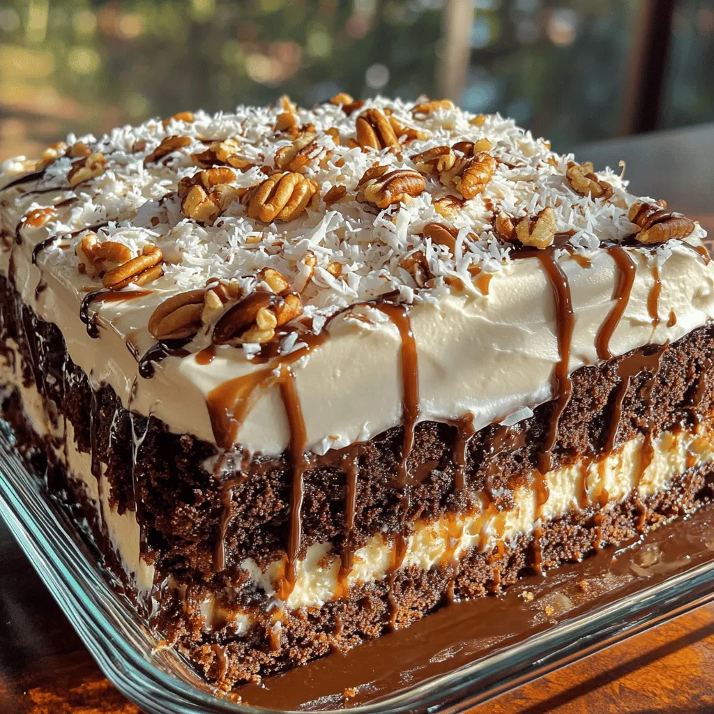 German chocolate poke cake stands out for its rich, sweet flavor and moist texture. This cake is a decadent German chocolate dessert. It uses a simple method to create layers of taste. The unique poke cake method lets flavors seep deep into the cake. This adds to the excitement of each bite.