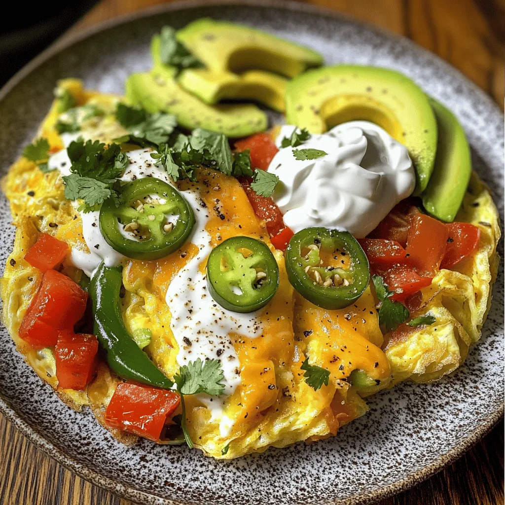 To make a great Mexican omelette, start with some basic ingredients. You need <strong>4 large eggs</strong> and <strong>1/4 cup of milk</strong>. These form the base of your omelette. Then, add <strong>1/2 cup of diced tomatoes</strong> for freshness. Include <strong>1/4 cup of diced bell peppers</strong>, both red and green, for color and crunch.” /></p>
</p>
<h2>What Variations of a Mexican Omelette Can You Try?</h2>
</p>
<p>Mexican omelettes are fun to make. You can add many exciting twists to your dish. Let’s explore some spicy twists, vegetarian options, and unique flavors.</p>
</p>
<h3>What Are Some Spicy Twists You Can Add?</h3>
</p>
<p>To spice up your omelette, try adding more jalapeños. You can also use a spicy salsa. Hot sauce is another great option. If you like it really hot, add some crushed red pepper. Each option brings a kick of heat. For an extra layer of flavor, consider smoked paprika or chipotle powder. These spices add depth and warmth to your dish.</p>
</p>
<h3>How Can You Make a Vegetarian Version?</h3>
</p>
<p>Making a vegetarian Mexican omelette is easy and tasty. You can skip the meat and focus on veggies. Try adding spinach, zucchini, or mushrooms. These vegetables add texture and flavor. You can also toss in black beans or corn for extra protein. Don’t forget to mix in some fresh herbs like cilantro. This gives your omelette a fresh taste.</p>
</p>
<h3>What Are Other Unique Flavor Profiles to Experiment With?</h3>
</p>
<p>Think outside the box with your omelette flavors. Try adding feta cheese for a tangy twist. You can also use goat cheese for a creamy texture. Mixing in avocado gives a rich, buttery taste. Want to be bold? Try adding curry powder for a unique flavor. Each of these ideas can change your omelette experience. Check out the Full Recipe for more inspiration and tips.</p>
</p>
<h2>What Toppings Are Best Served with a Mexican Omelette?</h2>
</p>
<h3>What Are Some Popular Toppings You Can Use?</h3>
</p>
<p>For a Mexican omelette, toppings make a big difference. You can use fresh avocado slices, diced tomatoes, or jalapeños for heat. Shredded cheese adds creaminess. Sour cream gives a nice tang. Fresh cilantro is a must for flavor. You might also try pickled onions or black olives. These toppings boost taste and make your dish vibrant.</p>
</p>
<h3>How Do You Prepare Homemade Salsa for Your Omelette?</h3>
</p>
<p>A simple salsa can enhance your omelette. Start with fresh diced tomatoes. Add minced onions, chopped jalapeños, and fresh lime juice. Mix in salt and pepper to taste. For a twist, add diced mango or pineapple. This salsa adds freshness to your meal and pairs well with the eggs. You can keep it in the fridge for a few days.</p>
</p>
<h3>What Other Garnishes Enhance Presentation and Flavor?</h3>
</p>
<p>Garnishes can elevate your dish’s look and taste. Slices of lime add color and zest. A sprinkle of chili powder gives a nice kick. You can use a dollop of Greek yogurt instead of sour cream for a healthier option. Fresh herbs like parsley or green onions also work wonders. These simple touches make your omelette more appealing and flavorful. Enjoy your vibrant Mexican omelette with these toppings. For a full recipe, check the full recipe section.</p>
</p>
<p><img decoding=