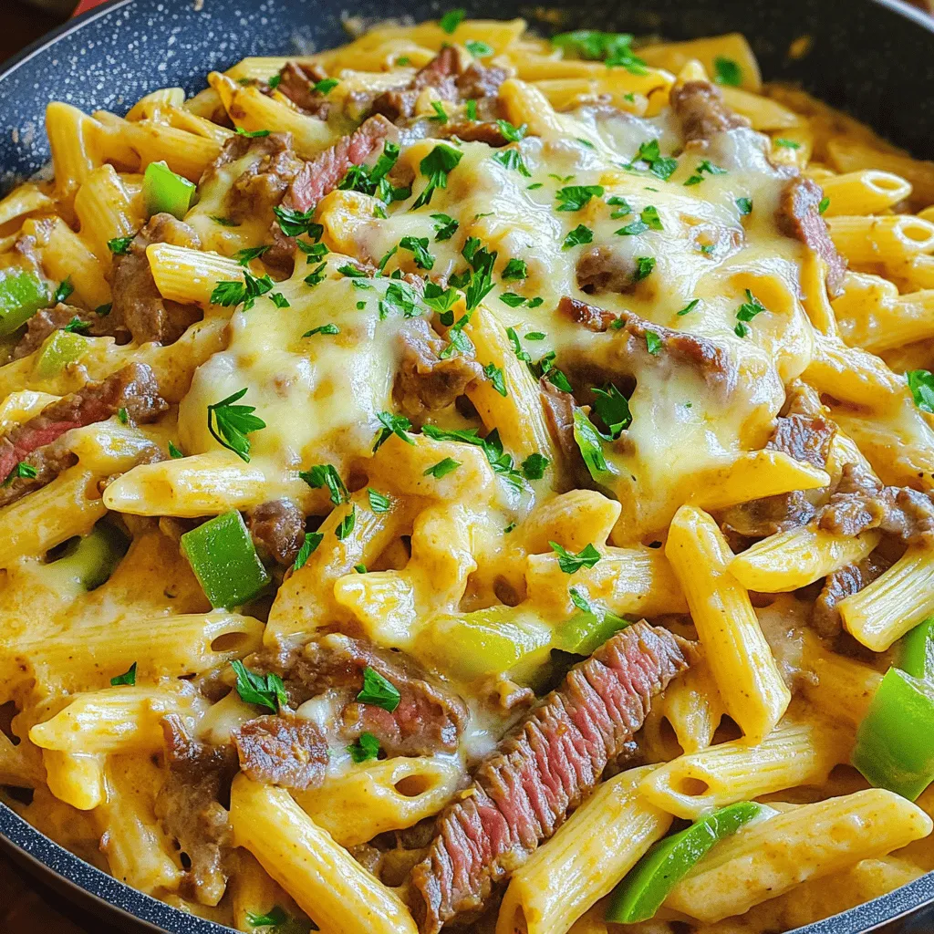 To make a great Philly cheesesteak pasta, you need a mix of tasty ingredients. The base starts with <strong>penne pasta</strong>. You can use other shapes, but penne holds sauce well. The <strong>ribeye steak</strong> is key. It gives the dish its classic flavor.” /></p>
</p>
<h2>What Are the Steps to Cook the Perfect Philly Cheesesteak Pasta?</h2>
</p>
<h3>How Do I Sauté the Vegetables and Steak?</h3>
</p>
<p>Start by heating olive oil in a large skillet. Add sliced onions and bell peppers. Cook these for about five to seven minutes until they soften. Next, add minced garlic and stir for one minute. Garlic adds a nice flavor. Then, push the veggies to one side of the skillet. Place the thinly sliced ribeye steak on the other side. Season the steak with salt, black pepper, and Worcestershire sauce. Cook for three to four minutes until the steak is browned. Finally, mix the veggies with the steak for even flavor.</p>
</p>
<h3>What is the Secret to Making a Creamy Sauce?</h3>
</p>
<p>The key to a creamy sauce is using cream cheese. After the steak is cooked, pour beef broth into the skillet. Scrape the browned bits from the bottom; they add flavor. Let the broth simmer for three to four minutes. Then, lower the heat and add softened cream cheese. Stir until it melts into the broth, creating a rich, creamy sauce. This step is crucial for that comforting taste everyone loves.</p>
</p>
<h3>How Do I Combine the Ingredients for Optimal Flavor?</h3>
</p>
<p>Once your sauce is ready, it’s time to combine everything. Add the cooked penne pasta to the skillet. Toss it well to coat the pasta nicely with the sauce. Then, stir in shredded provolone cheese. This cheese melts beautifully and enhances the dish. Make sure everything is well mixed and heated through. A garnish of chopped parsley adds a fresh touch. For the full recipe, check the details above. Enjoy this hearty meal that brings Philly flavors to your table!</p>
</p>
<h2>What Are Some Popular Variations of Philly Cheesesteak Pasta?</h2>
</p>
<p>Cheesesteak pasta variations can be fun and tasty. You can start by changing the meat. Ribeye is classic, but you can use flank steak or sirloin. Each cut gives a different taste and texture. So, choose what you like best.</p>
</p>
<h3>Can I Use Different Cuts of Meat?</h3>
</p>
<p>Yes, you can use different cuts of meat. Flank steak is leaner and has a great flavor. Sirloin is also a good option and cooks quickly. Just make sure to slice the meat thin for the best results. This helps it cook fast and stay tender.</p>
</p>
<h3>How Can I Make a Vegetarian Version of This Dish?</h3>
</p>
<p>To make a vegetarian version, swap the meat with mushrooms or tempeh. Mushrooms provide a rich umami flavor. Tempeh adds protein and a nice texture. You can also add more veggies like zucchini or spinach. This keeps the dish hearty and filling.</p>
</p>
<h3>What Unique Ingredients Can Enhance the Recipe?</h3>
</p>
<p>Adding unique ingredients can boost this dish. Try using different cheeses like cheddar or gouda for a twist. You can also mix in some hot sauce or roasted red peppers for extra heat and flavor. Fresh herbs, like basil or thyme, can make it fresh and bright. For a creamy touch, a dollop of ricotta can elevate the dish.</p>
</p>
<p>For the full recipe, check out the details above.</p>
</p>
<p><img decoding=