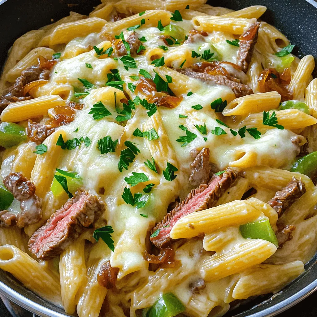 To make a great Philly cheesesteak pasta, you need a mix of tasty ingredients. The base starts with penne pasta. You can use other shapes, but penne holds sauce well. The ribeye steak is key. It gives the dish its classic flavor.