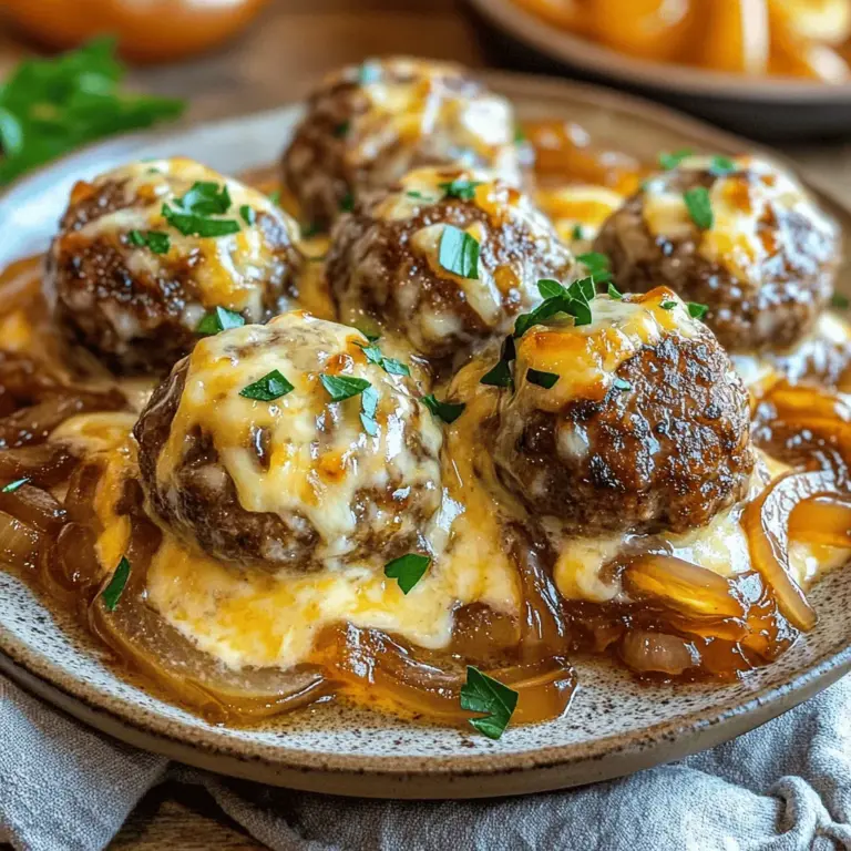 French Onion Meatballs are a delightful culinary creation that marries the rich, savory flavors of classic French onion soup with the comforting appeal of meatballs. This dish is not only delicious but also versatile, making it perfect for a variety of occasions—be it a cozy family dinner, a festive gathering, or even as an impressive appetizer for your next soirée. The unique flavor combination of caramelized onions, a blend of beef and pork, and the indulgent melting of Gruyère cheese creates a symphony of tastes that is sure to please any palate.