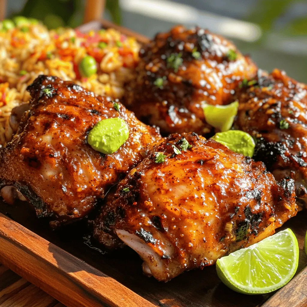 To make jerk chicken, you need a mix of bold flavors. The main jerk chicken ingredients are bone-in, skin-on chicken thighs. This cut stays juicy and tender when you cook it.