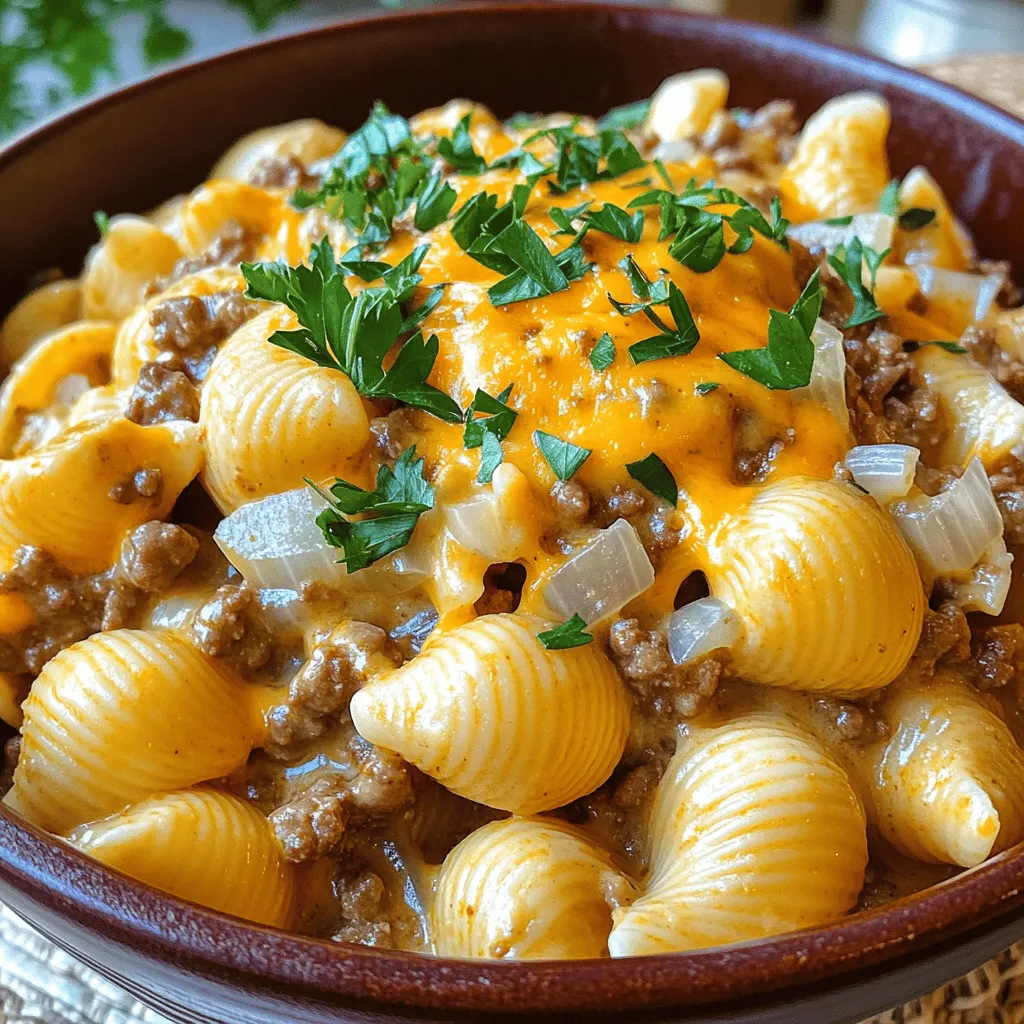 To make creamy beef and shells, you need a few key ingredients. Start with 1 pound of ground beef. This gives the dish its rich flavor. You also need 1 small onion, diced, and 2 cloves of minced garlic. These add a nice aroma and taste. For the pasta, use 1 ½ cups of uncooked shell pasta. This shape holds the creamy sauce well. You need 1 cup of beef broth to cook the pasta and add depth. The creaminess comes from 1 cup of heavy cream and 1 cup of shredded cheddar cheese. Finally, season with 1 teaspoon of Italian seasoning, salt, and pepper to taste. Don’t forget 2 tablespoons of olive oil for cooking. Fresh parsley adds a lovely touch as a garnish.