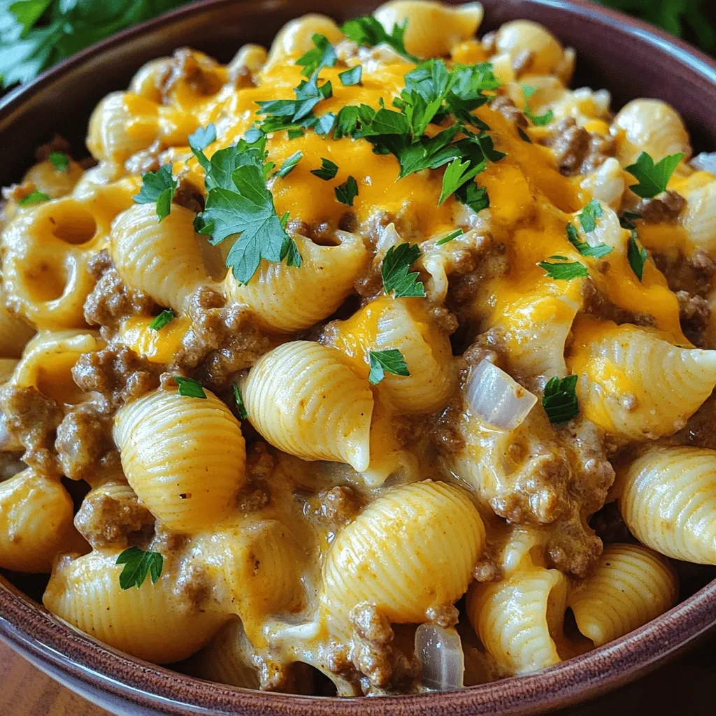 To make creamy beef and shells, you need a few key ingredients. Start with 1 pound of ground beef. This gives the dish its rich flavor. You also need 1 small onion, diced, and 2 cloves of minced garlic. These add a nice aroma and taste. For the pasta, use 1 ½ cups of uncooked shell pasta. This shape holds the creamy sauce well. You need 1 cup of beef broth to cook the pasta and add depth. The creaminess comes from 1 cup of heavy cream and 1 cup of shredded cheddar cheese. Finally, season with 1 teaspoon of Italian seasoning, salt, and pepper to taste. Don’t forget 2 tablespoons of olive oil for cooking. Fresh parsley adds a lovely touch as a garnish.