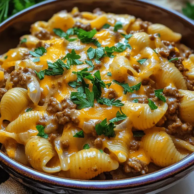 To make creamy beef and shells, you need a few key ingredients. Start with 1 pound of ground beef. This gives the dish its rich flavor. You also need 1 small onion, diced, and 2 cloves of minced garlic. These add a nice aroma and taste. For the pasta, use 1 ½ cups of uncooked shell pasta. This shape holds the creamy sauce well. You need 1 cup of beef broth to cook the pasta and add depth. The creaminess comes from 1 cup of heavy cream and 1 cup of shredded cheddar cheese. Finally, season with 1 teaspoon of Italian seasoning, salt, and pepper to taste. Don’t forget 2 tablespoons of olive oil for cooking. Fresh parsley adds a lovely touch as a garnish.