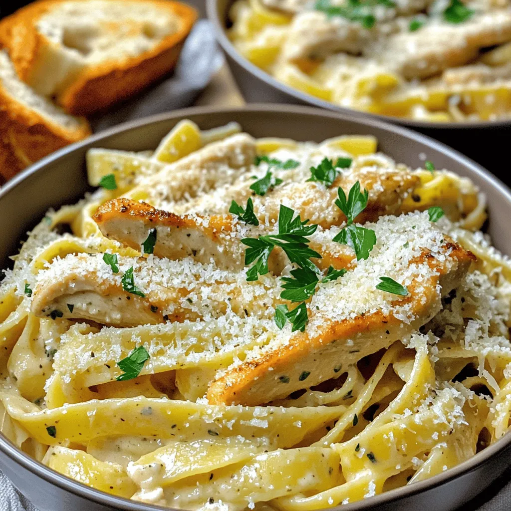 To make a creamy chicken pasta, you need a few key items. Start with <strong>fettuccine pasta</strong>; it holds the sauce well. You also need <strong>boneless, skinless chicken breasts</strong> for the protein. <strong>Garlic</strong> adds great flavor, and <strong>heavy cream</strong> gives the dish its creamy texture. Don’t forget <strong>chicken broth</strong> to enhance the taste. <strong>Parmesan cheese</strong> makes everything rich and delicious. Lastly, season with <strong>salt</strong> and <strong>pepper</strong>.” /></p>
</p>
<h2>What Variations of Creamy Chicken Pasta Can You Try?</h2>
</p>
<p>Creamy chicken pasta can change in many ways. You can add or swap ingredients to suit your taste.</p>
</p>
<h3>How Can You Make a One-Pot Creamy Chicken Pasta?</h3>
</p>
<p>A one-pot creamy chicken pasta is easy and quick. Start by cooking the chicken in a large pot. Once golden, remove the chicken and set it aside. In the same pot, add your pasta and enough broth to cook it all together. This method saves time and cuts down on dishes. When the pasta is done, stir back in the chicken and sauce. You have a full meal in one pot!</p>
</p>
<h3>What Are Some Flavorful Sauce Alternatives?</h3>
</p>
<p>If you want to change the sauce, you can try many options. Use pesto instead of cream for a fresh taste. Tomato sauce offers a tangy twist. For a kick, add some spicy salsa or sriracha. Each sauce brings new flavors to your creamy chicken pasta. You can even mix some sauces for fun!</p>
</p>
<h3>How to Incorporate Global Flavors into Your Dish?</h3>
</p>
<p>Adding global flavors makes your dish exciting. For a hint of India, stir in some curry powder. This gives a warm, spicy kick. You can also use soy sauce and ginger for an Asian touch. A dash of lime juice can brighten up the dish. Each addition creates a unique twist on creamy chicken pasta. Feel free to experiment and find what you love best!</p>
</p>
<p>For the complete recipe, check out the Full Recipe. Enjoy your cooking adventure!</p>
</p>
<h2>How Can You Serve Creamy Chicken Pasta for Different Occasions?</h2>
</p>
<p>You can enjoy creamy chicken pasta at many events. This dish shines at a cozy date night. It is rich and warm, perfect for setting a nice mood. Serve it in elegant bowls with a sprinkle of parsley. Add grated cheese on top for flair.</p>
</p>
<p>For special occasions, you can elevate your creamy chicken pasta. Use fresh herbs like basil or thyme. This adds a lovely touch. You can also switch the pasta to a unique shape, like farfalle or penne. This small change makes the dish feel special.</p>
</p>
<p>When hosting gatherings, consider serving a large bowl. This invites guests to help themselves. You can also make it a buffet. Offer sides like garlic bread or a fresh salad. A green salad brightens the meal and adds crunch.</p>
</p>
<p>Pairing side dishes is simple. Serve steamed veggies or a light salad. The freshness balances the creamy sauce. You can also add a charcuterie board. It offers variety and keeps guests entertained before the main meal. These ideas will make your creamy chicken pasta a hit at any event!</p>
</p>
<p><img decoding=