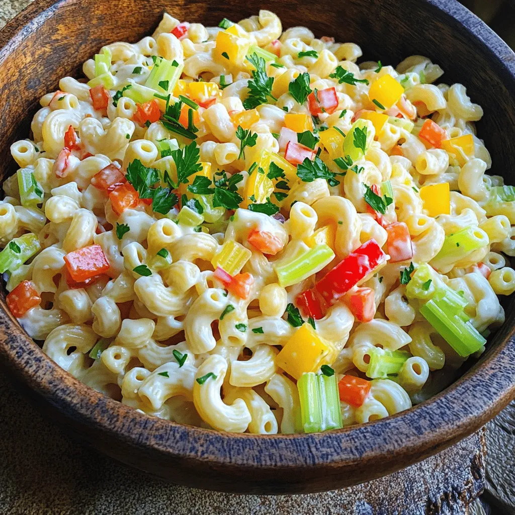 Amish macaroni salad has a special charm. It blends simple ingredients into a tasty dish. The key ingredients include elbow macaroni, mayonnaise, and fresh veggies. You’ll often find celery, bell pepper, and onion in this salad. Sweet pickle relish adds a nice touch. You can even add boiled eggs for extra flavor.