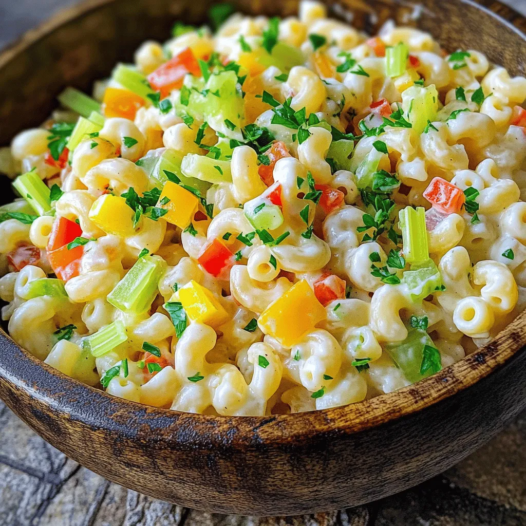 Amish macaroni salad has a special charm. It blends simple ingredients into a tasty dish. The key ingredients include elbow macaroni, mayonnaise, and fresh veggies. You’ll often find celery, bell pepper, and onion in this salad. Sweet pickle relish adds a nice touch. You can even add boiled eggs for extra flavor.