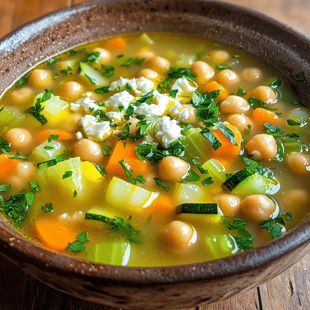 Lemony Greek chickpea soup is both simple and tasty. The main star of this dish is, of course, chickpeas. These legumes pack a punch of protein and fiber. They help keep you full and are great for your heart.