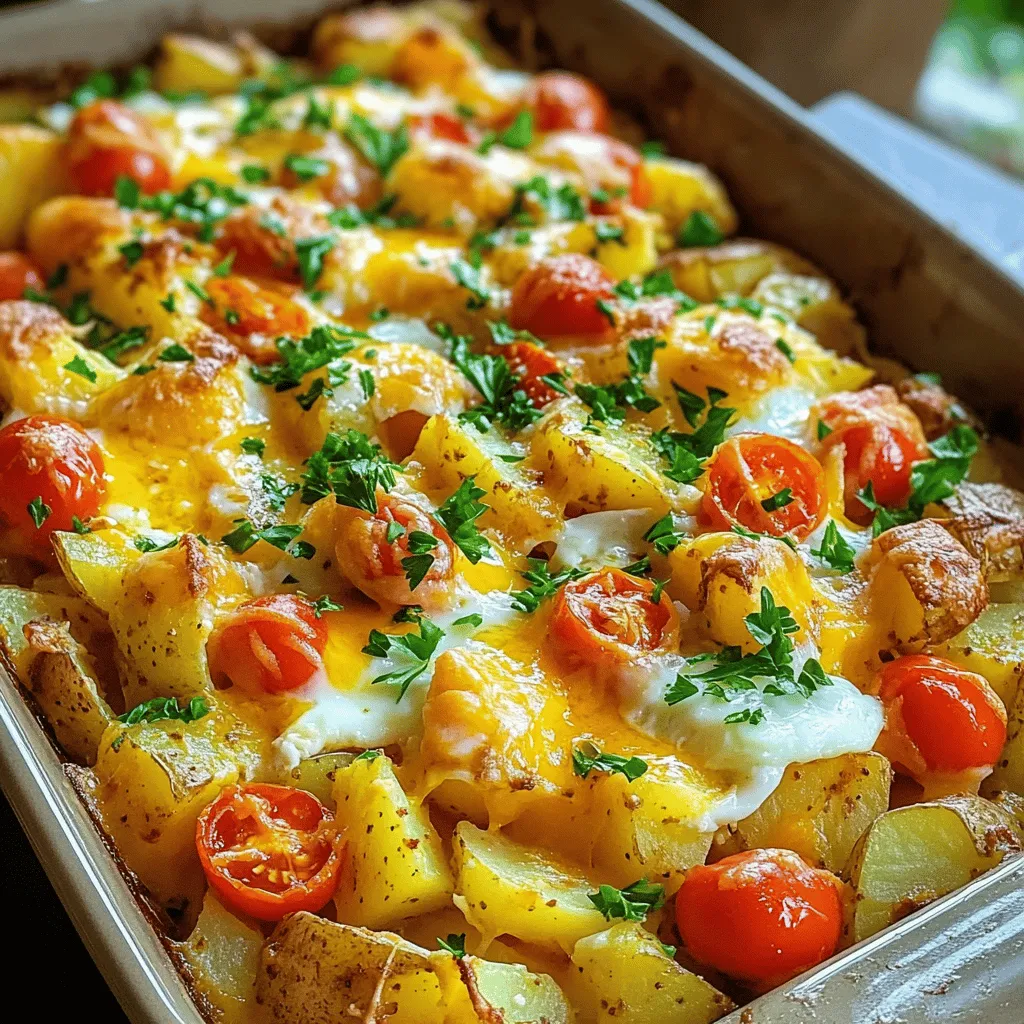 To make a tasty roasted potato breakfast casserole, you need simple ingredients. The base is four large golden potatoes, diced. You will also need one cup of halved cherry tomatoes, one bell pepper, and one small onion. Fresh spinach adds color and nutrition. Eggs, milk, and shredded cheddar cheese bring it all together.