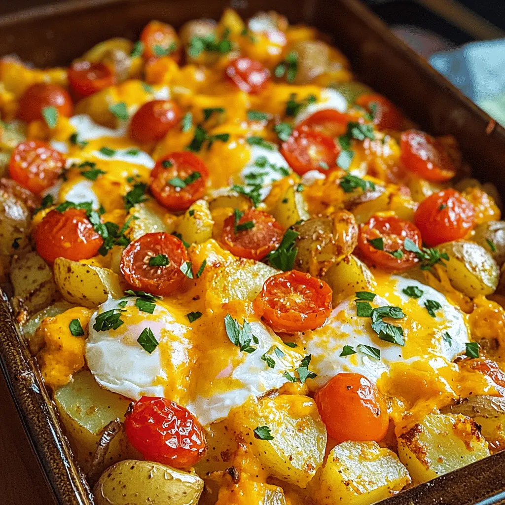 To make a tasty roasted potato breakfast casserole, you need simple ingredients. The base is four large golden potatoes, diced. You will also need one cup of halved cherry tomatoes, one bell pepper, and one small onion. Fresh spinach adds color and nutrition. Eggs, milk, and shredded cheddar cheese bring it all together.