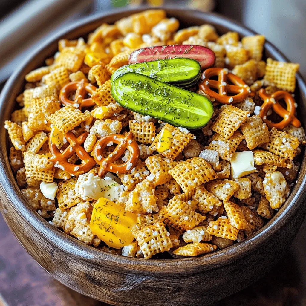 To make Dill Pickle Chex Mix, you need a mix of crunchy and tasty items. The main part is the cereals. You will use 3 cups of Rice Chex and 3 cups of Corn Chex. Mix these cereals well. Add 1 cup of pretzel twists for a salty bite. You can also add 1 cup of mixed unsalted nuts like almonds, pecans, or cashews. This gives a nice crunch.