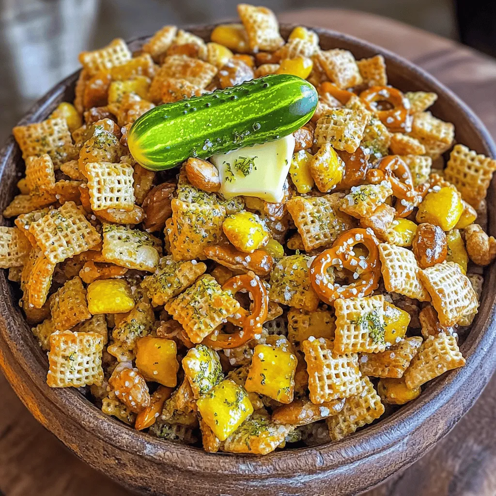 To make Dill Pickle Chex Mix, you need a mix of crunchy and tasty items. The main part is the cereals. You will use 3 cups of Rice Chex and 3 cups of Corn Chex. Mix these cereals well. Add 1 cup of pretzel twists for a salty bite. You can also add 1 cup of mixed unsalted nuts like almonds, pecans, or cashews. This gives a nice crunch.