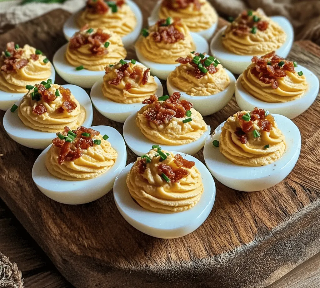 Deviled eggs have long been a fixture at gatherings, celebrations, and potlucks. Their creamy filling and delicate flavor make them a beloved appetizer that appeals to a wide array of palates. Traditionally made with just a handful of ingredients, these bite-sized delights are cherished for their simplicity and satisfying taste. However, as culinary creativity flourishes, so too does the opportunity to elevate this classic dish into something truly remarkable. Enter <strong>Bacon Bliss Deviled Eggs</strong>—a deliciously innovative twist that introduces savory, smoky bacon into the mix, transforming a familiar favorite into an unforgettable treat.” /></p>
</p>
<h2>Mayonnaise: Creaminess and Binding Agent</h2>
</p>
<p>In the world of deviled eggs, mayonnaise plays a pivotal role. Not only does it introduce a rich, creamy texture, but it also acts as the binding agent that brings all the filling ingredients together. The right mayonnaise can elevate your Bacon Bliss Deviled Eggs to new heights. For the best results, consider using a high-quality mayonnaise made from simple ingredients. Homemade mayonnaise can also be a game changer, providing a fresher taste and customizable flavor profile. Whether you choose classic mayo or a flavored variant, it’s essential to mix it thoroughly with the egg yolks for a smooth, cohesive filling.</p>
</p>
<h2>Seasoning: The Role of Salt and Pepper in Flavoring</h2>
</p>
<p>Seasoning is crucial in any recipe, and Bacon Bliss Deviled Eggs are no exception. The right balance of salt and pepper enhances the flavors of your filling and complements the smoky, savory taste of the bacon. Start with a pinch of salt and freshly cracked black pepper, adjusting to taste as you mix the yolks and other ingredients. Some may prefer to add a touch of paprika or cayenne pepper for a hint of spice, while others might enjoy a splash of hot sauce. Experimenting with seasonings allows you to create a filling that suits your palate perfectly.</p>
</p>
<h2>Fresh Chives: The Finishing Touch for Color and Flavor</h2>
</p>
<p>Fresh chives are not just for garnish; they provide a burst of color and a mild onion flavor that complements the richness of the deviled eggs. Their vibrant green hue adds visual appeal, making your Bacon Bliss Deviled Eggs look even more enticing. When incorporating chives, finely chop them and fold them into the filling mixture. Reserve some for garnishing the top of each egg just before serving. This simple step transforms your deviled eggs from ordinary to extraordinary, enhancing both the presentation and taste.</p>
</p>
<h2>Step-by-Step Instructions for Perfect Deviled Eggs</h2>
</p>
<h3>Preparing the Eggs: Techniques for Boiling Eggs to Perfection</h3>
</p>
<p>Boiling eggs may seem straightforward, but the method you choose can significantly affect the outcome. Start by placing the eggs in a single layer in a saucepan and covering them with cold water, ensuring the water level is about an inch higher than the eggs. Bring the water to a rapid boil over medium-high heat. Once boiling, cover the pot and remove it from heat, allowing the eggs to sit in the hot water for about 12-14 minutes, depending on the size of the eggs. After the time has elapsed, transfer the eggs to an ice bath to halt the cooking process and make peeling easier.</p>
</p>
<h3>Cooking the Bacon: Tips for Achieving Crispy Bacon</h3>
</p>
<p>Crispy bacon is a star ingredient in Bacon Bliss Deviled Eggs, providing a satisfying crunch and savory flavor. To achieve perfect bacon, start with high-quality strips and choose your cooking method: stovetop, oven, or air fryer. For stovetop cooking, place the bacon in a cold skillet, then turn the heat to medium. This method allows the fat to render slowly, resulting in crispy bacon. Cook until golden brown and crispy, then transfer it to a paper towel-lined plate to drain excess grease. If you prefer the oven, lay the bacon on a baking sheet lined with parchment paper and bake at 400°F (200°C) for 15-20 minutes, flipping halfway through. The air fryer is another great option, cooking bacon to crispy perfection in about 8-10 minutes.</p>
</p>
<h3>Sautéing the Onions: Importance of Caramelizing for Depth of Flavor</h3>
</p>
<p>To add another layer of flavor to your deviled egg filling, sautéing onions is a fantastic step. Use either yellow or sweet onions, finely diced. Heat a tablespoon of oil or butter in a skillet over medium heat, then add the onions. Cook them slowly, stirring occasionally, until they become translucent and caramelized, about 10-15 minutes. This process deepens their sweetness and enhances the overall flavor of your filling. Allow the sautéed onions to cool slightly before incorporating them into the egg yolk mixture.</p>
</p>
<h3>Peeling the Eggs: Best Practices for Easy Peeling</h3>
</p>
<p>Peeling boiled eggs can sometimes be a frustrating task, but with a few simple techniques, you can make it easier. Start by cracking the shell gently on the counter, then roll the egg back and forth to loosen the shell. Begin peeling from the wider end, which usually contains an air pocket, making it simpler to start. If you encounter stubborn bits of shell, running the egg under cold water can help dislodge them. Another tip is to use older eggs, as they tend to peel more easily than fresh ones.</p>
</p>
<h3>Creating the Filling: Combining Ingredients for the Ideal Texture</h3>
</p>
<p>Once your eggs are peeled, it’s time to create the filling. Slice each egg in half lengthwise and carefully scoop out the yolks into a mixing bowl. Use a fork or potato masher to mash the yolks until smooth. Then, add your prepared mayonnaise, sautéed onions, and a generous amount of crispy bacon, crumbled. Season with salt and pepper, and mix until well combined. For a fluffier texture, consider adding a dash of cream or sour cream. Taste the filling as you go, adjusting the seasoning to your preference.</p>
</p>
<h3>Assembling the Deviled Eggs: Techniques for Presentation</h3>
</p>
<p>Presentation is key when serving Bacon Bliss Deviled Eggs. Use a piping bag fitted with a star tip for an elegant touch, or simply spoon the filling back into the egg whites for a rustic look. Fill each egg half generously, ensuring a mound of filling sits atop each white. For an additional visual appeal, sprinkle the tops with more crumbled bacon, chopped chives, or a dusting of paprika. Arrange the deviled eggs on a serving platter, and watch them disappear at your next gathering!</p>
</p>
<h2>Serving Suggestions</h2>
</p>
<p>Bacon Bliss Deviled Eggs can be enjoyed in various ways, making them a versatile appetizer for any occasion. They pair beautifully with cocktails, such as a classic martini or a refreshing mimosa. If you’re hosting a brunch, serve them alongside a fruit platter and some pastries for a delightful spread.</p>
</p>
<p>For a more casual gathering, consider pairing the deviled eggs with a selection of craft beers or light wines. To enhance the experience, you can create a themed platter, including complementary dishes like crispy potato skins, or a charcuterie board with assorted meats and cheeses.</p>
</p>
<p>When it comes to presentation, consider using a decorative egg tray or a tiered stand to showcase your deviled eggs. This approach not only elevates the visual appeal but also makes it easy for guests to serve themselves.</p>
</p>
<p>Beyond chives and bacon, consider other garnishing options to add flair. Thin slices of radish, microgreens, or even edible flowers can create a stunning presentation. A drizzle of balsamic reduction or hot sauce can also add an extra layer of flavor and sophistication.</p>
</p>
<h2>Nutritional Information</h2>
</p>
<p>Understanding the nutritional content of your Bacon Bliss Deviled Eggs can help you enjoy them more mindfully. Each serving typically contains around 100-150 calories, depending on the ingredients used and portion sizes. They are rich in protein from the eggs and bacon, providing essential nutrients while still being a decadent treat.</p>
</p>
<p>However, it’s essential to balance indulgence with health considerations. If you want to lighten the recipe, consider using Greek yogurt in place of some of the mayonnaise. You can also experiment with turkey bacon or a plant-based bacon alternative to reduce fat and calorie content. These substitutions can maintain flavor while making the dish healthier.</p>
</p>
<h2>Conclusion</h2>
</p>
<p>Bacon Bliss Deviled Eggs are more than just an appetizer; they are a delightful culinary experience that combines rich flavors, creamy textures, and a satisfying crunch. The perfect balance of creamy mayonnaise, savory bacon, and fresh chives creates a dish that is sure to impress at any gathering or even as a simple indulgence at home.</p>
</p>
<p>We encourage you to try this recipe for yourself, experimenting with the ingredients and techniques to make it your own. The joy of cooking extends beyond the kitchen, as sharing delicious food with friends and family creates cherished memories. So grab your apron, whip up a batch of these delectable deviled eggs, and prepare to delight your taste buds and those of your loved ones. Enjoy the process and the pleasure of sharing your culinary creations!</p>
</div>