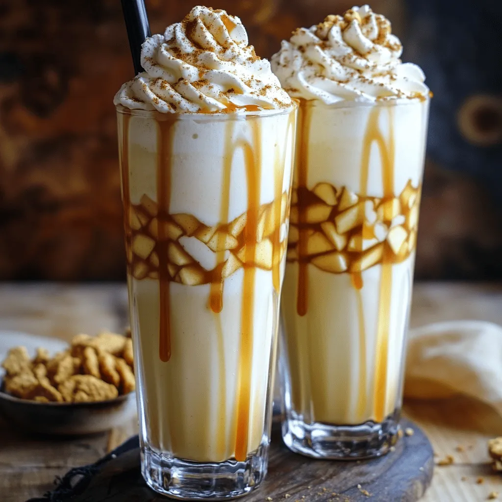 To make a delicious caramel apple pie milkshake, you need simple but key ingredients. The main base starts with <strong>vanilla ice cream</strong> and <strong>whole milk</strong>. These give the shake its creamy texture. For the apple pie flavor, you need <strong>one medium apple</strong>, peeled and diced. A sweet apple like <strong>Granny Smith</strong> or <strong>Honeycrisp</strong> works best. Their crispness adds a nice bite to your milkshake.” /></p>
</p>
<h2>What Variations Can You Try with the Milkshake Recipe?</h2>
</p>
<p>You can make this caramel apple pie milkshake your own with fun flavors. Try adding other fruits like pears or peaches for a twist. You can even mix in some peanut butter for a nutty taste.</p>
</p>
<h3>How Can You Customize the Flavors?</h3>
</p>
<p>To customize the flavors, think about spices. You could swap the cinnamon for pumpkin spice. This change gives it a warm, cozy vibe. Also, consider adding a splash of vanilla extract for extra depth. You can mix in different types of caramel for richer taste.</p>
</p>
<h3>What Are Some Alternative Toppings You Can Use?</h3>
</p>
<p>Toppings can change the whole look and taste of your shake. Instead of graham cracker, use crushed cookies or nuts. Drizzling chocolate syrup adds a sweet touch. You can also use caramel popcorn for a fun crunch on top.</p>
</p>
<h3>Are There Dairy-Free or Vegan Options Available?</h3>
</p>
<p>Yes, you can easily make this milkshake dairy-free or vegan. Use almond or oat milk instead of whole milk. For ice cream, try coconut or cashew-based options. Check for vegan caramel sauce to keep it plant-based. These swaps keep all the flavor while making it suitable for everyone.</p>
</p>
<h2>What Serving Suggestions Enhance the Experience of This Milkshake?</h2>
</p>
<p>Serving a caramel apple pie milkshake is all about the details. First, you want to present it well. Use tall glasses to show off that creamy texture. A swirl of whipped cream on top adds a fun touch. Drizzle caramel sauce over the whipped cream for a sweet finish. Sprinkle some crushed graham cracker for crunch too. This adds both flavor and a nice look.</p>
</p>
<p>Pairing side dishes with your milkshake can elevate the meal. Consider warm apple pie slices or cinnamon rolls. These pair well with the milkshake’s flavors. You can also serve it with fresh apple slices. This adds a crisp and juicy element. If you want something savory, try cheese platters. The salty cheese contrasts nicely with the sweet milkshake.</p>
</p>
<p>For entertaining, a milkshake bar is a fun idea. Set out toppings like chocolate chips, nuts, and sprinkles. Guests can customize their milkshakes. Provide options for different syrups too, like chocolate or strawberry. You could also have whipped cream and various fruits. This makes it interactive and exciting.</p>
</p>
<p>These simple serving ideas will enhance your milkshake experience. Enjoy the process of serving and sharing!</p>
</p>
<p><img decoding=