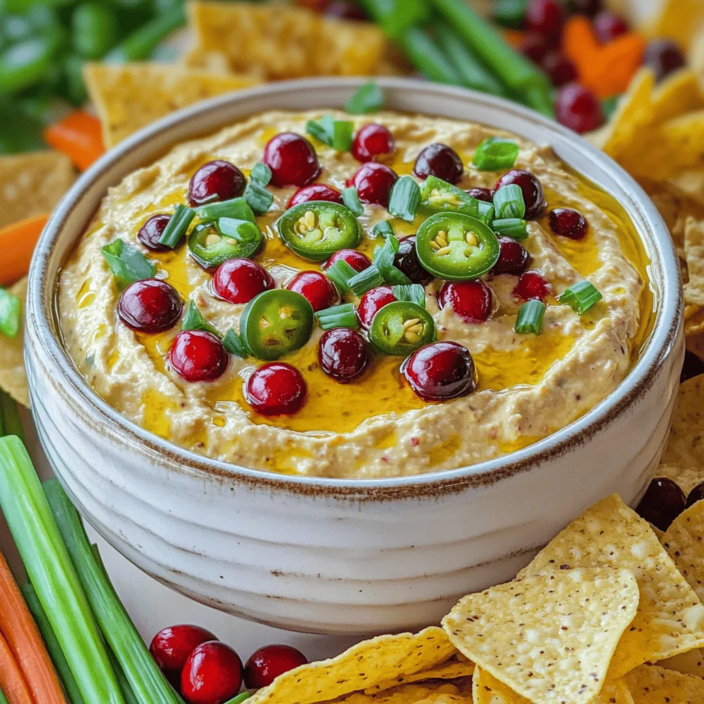 To make a great cranberry jalapeño dip, you need a few key ingredients. First, fresh or frozen cranberries bring a sweet and tart flavor. Next is the jalapeño, which adds a nice kick. Cream cheese and Greek yogurt create a creamy base. Green onions add a fresh crunch. Honey or maple syrup balances the dip's flavors. Finally, a splash of lime juice brightens it up. You can find the full recipe at the end.