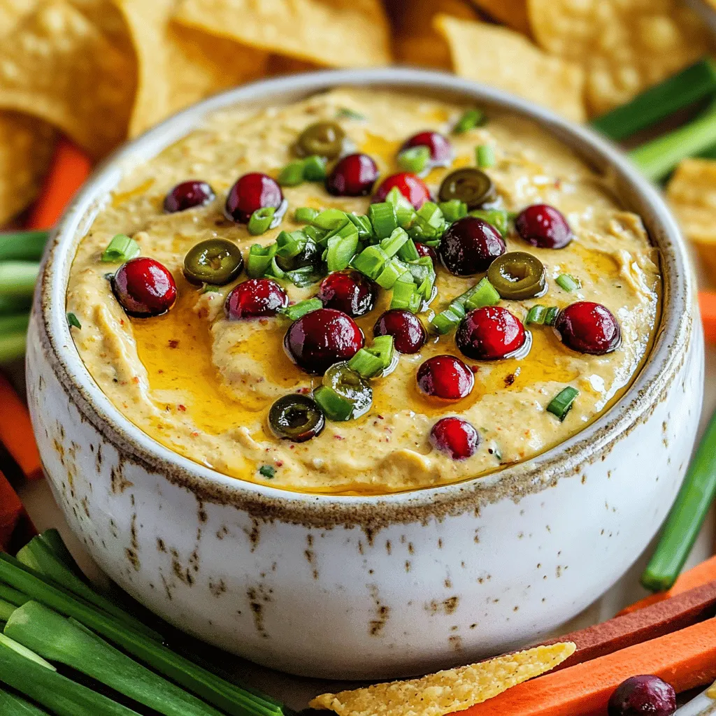 To make a great cranberry jalapeño dip, you need a few key ingredients. First, fresh or frozen cranberries bring a sweet and tart flavor. Next is the jalapeño, which adds a nice kick. Cream cheese and Greek yogurt create a creamy base. Green onions add a fresh crunch. Honey or maple syrup balances the dip's flavors. Finally, a splash of lime juice brightens it up. You can find the full recipe at the end.