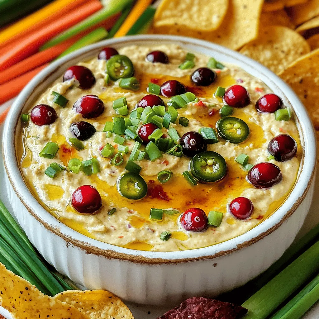 To make a great cranberry jalapeño dip, you need a few key ingredients. First, fresh or frozen cranberries bring a sweet and tart flavor. Next is the jalapeño, which adds a nice kick. Cream cheese and Greek yogurt create a creamy base. Green onions add a fresh crunch. Honey or maple syrup balances the dip's flavors. Finally, a splash of lime juice brightens it up. You can find the full recipe at the end.