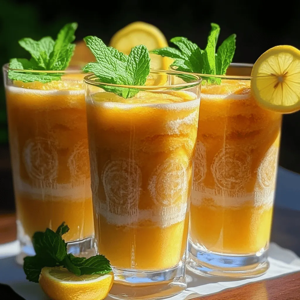 To make the frozen peach lemonade recipe, you need just a few ingredients. The main star is two cups of frozen peaches. They bring a sweet and fruity flavor. You also need one cup of fresh lemon juice, which comes from about four to six lemons. This juice gives a nice tartness.